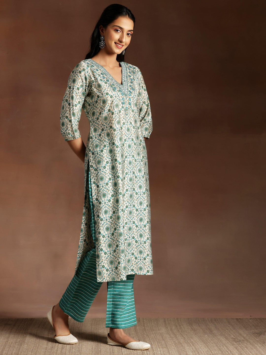 Blue Printed Silk Blend Straight Kurta With Trousers & Dupatta - ShopLibas