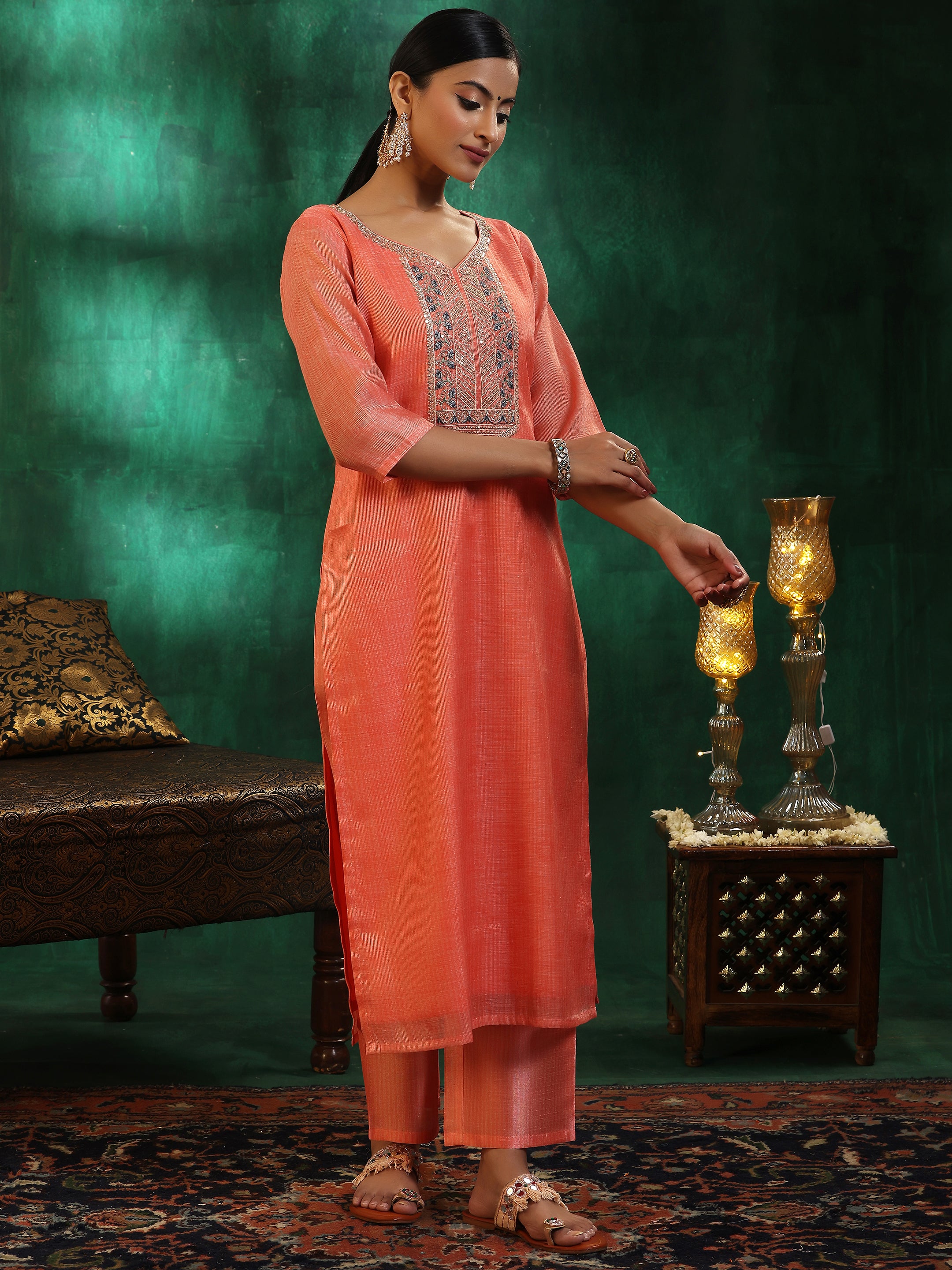 Peach Yoke Design Silk Blend Straight Suit With Dupatta