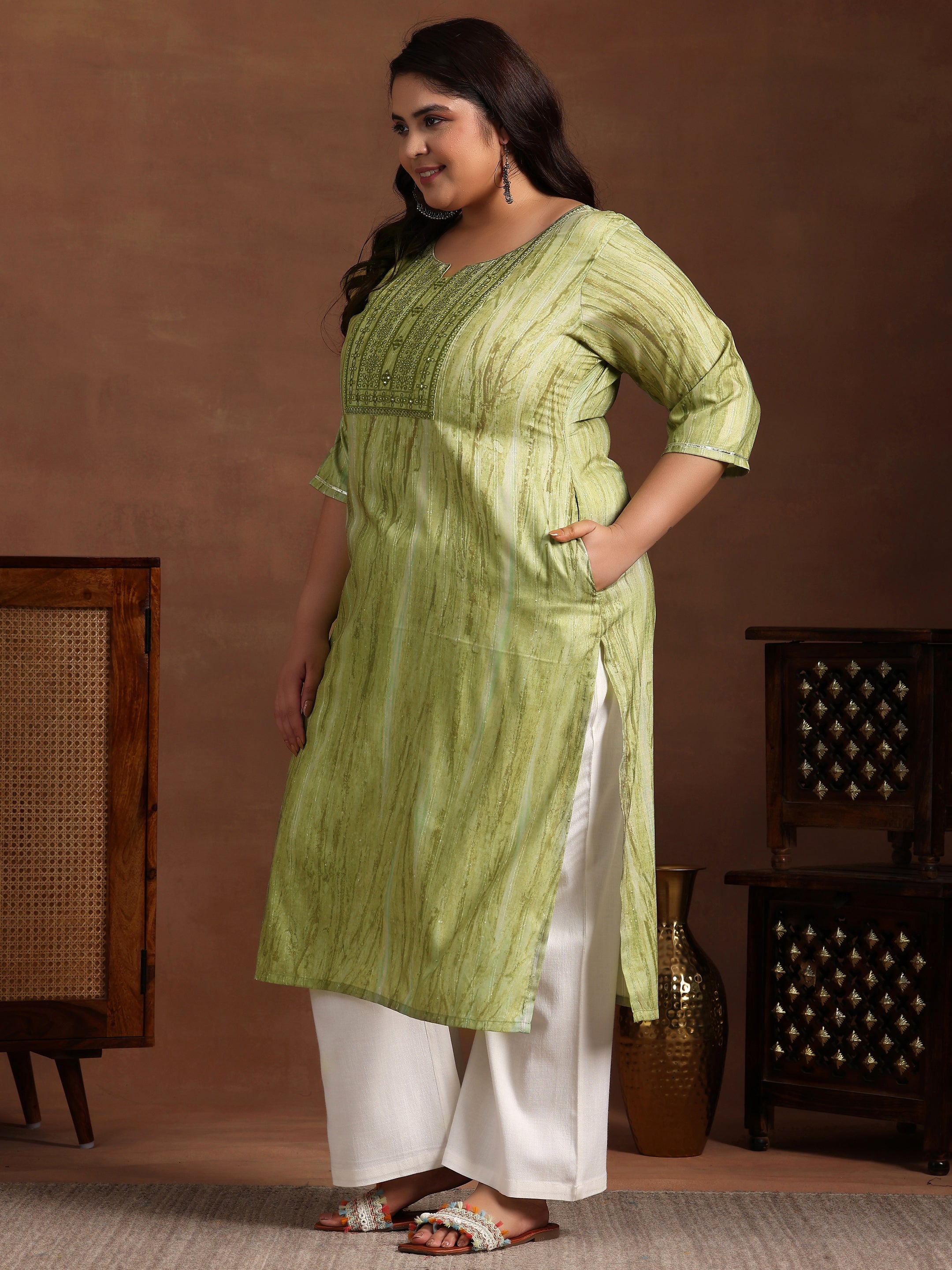 Plus Size Green Yoke Design Cotton Straight Kurta