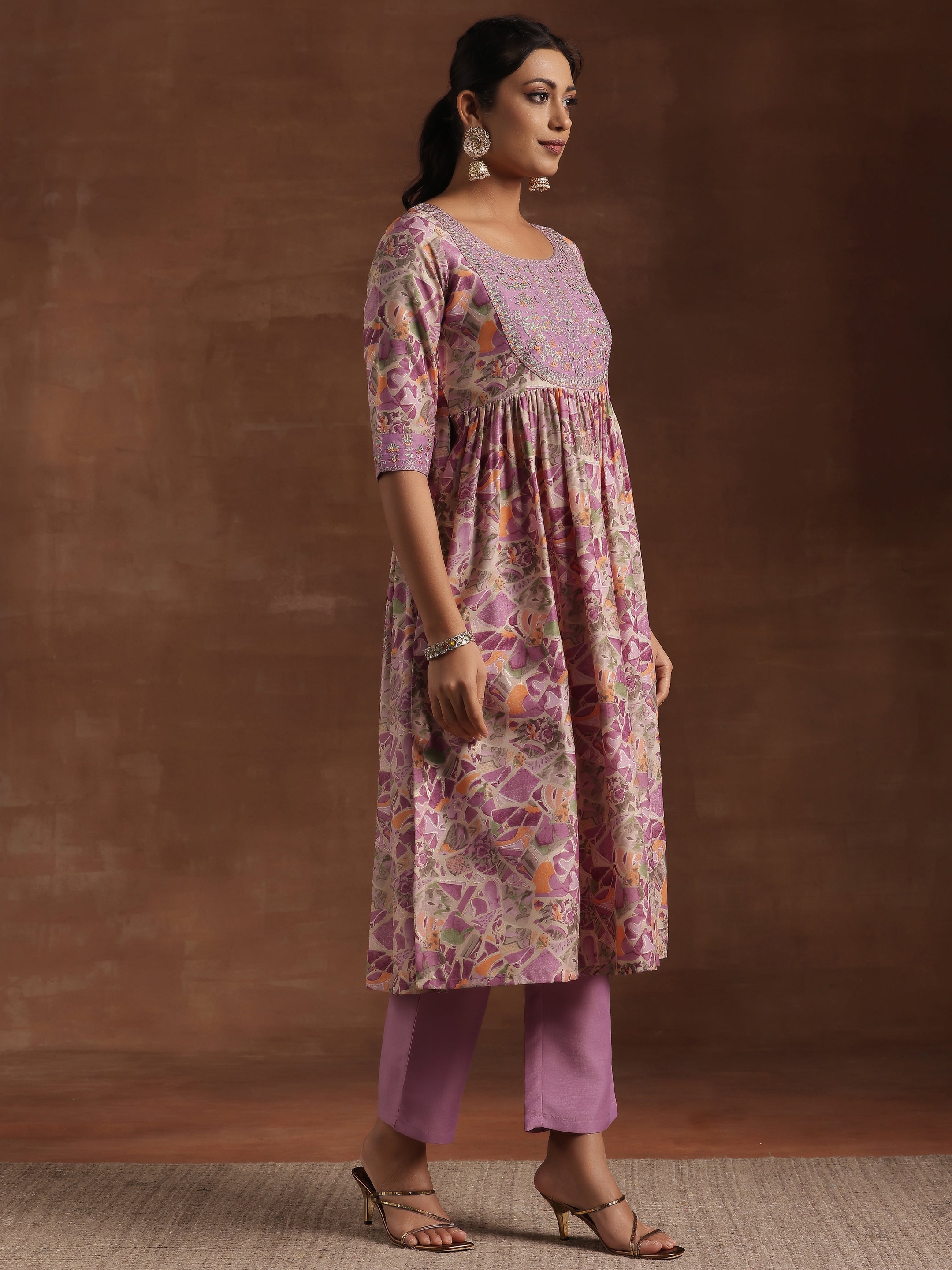 Purple Printed Silk Blend A-Line Kurta With Trousers & Dupatta