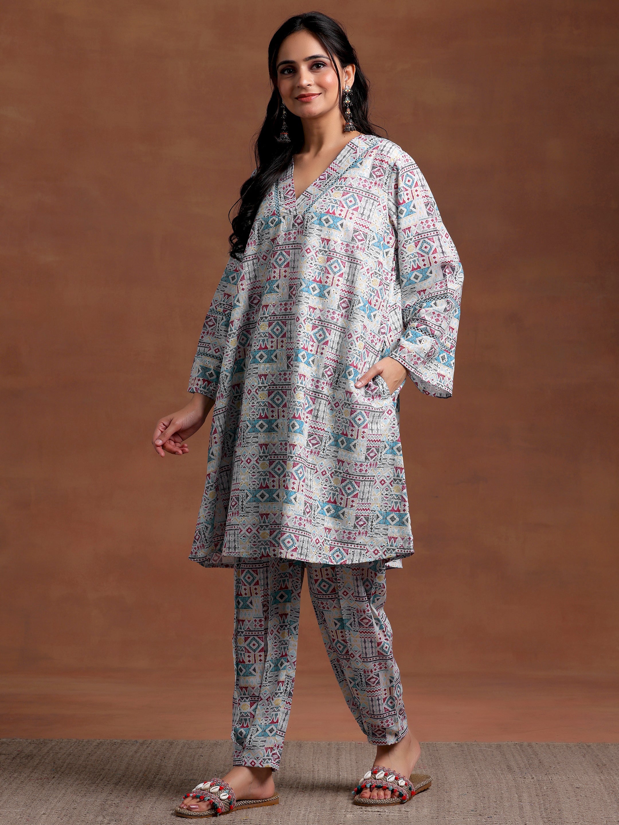 Blue Printed Cotton Straight Kurta Set