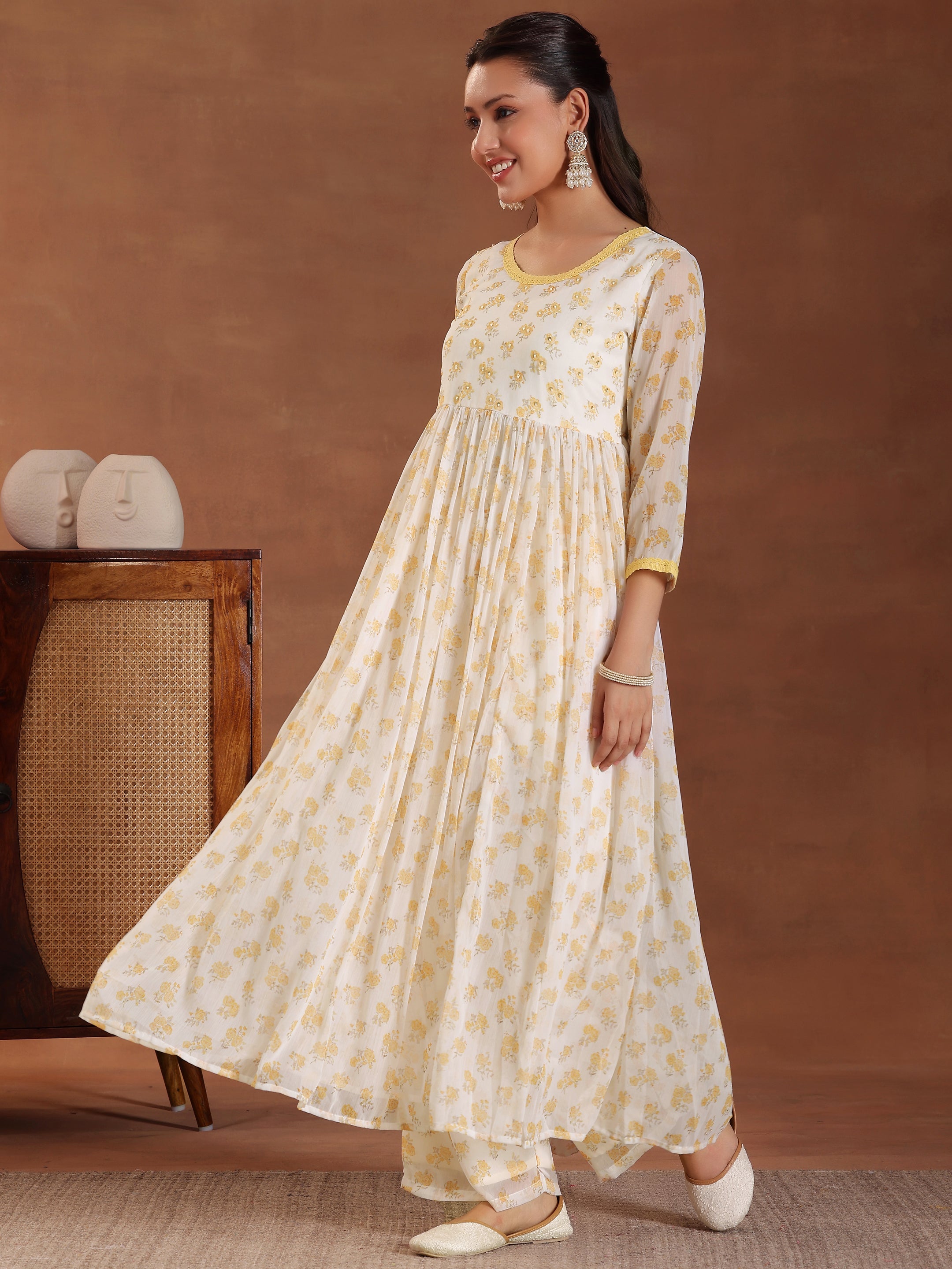 Off white Printed Poly Chiffon A-Line Kurta With Sharara & Dupatta