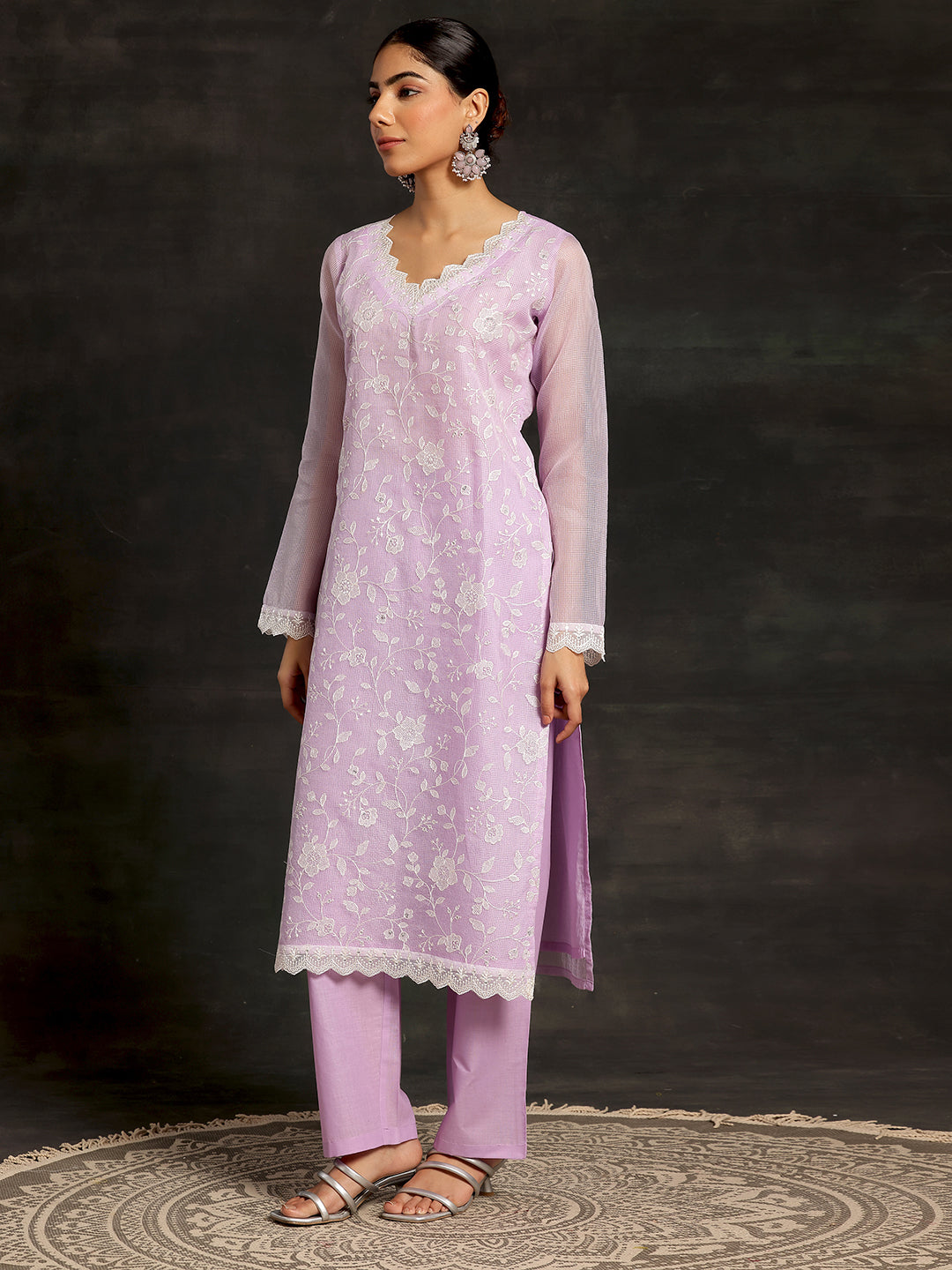 Lavender Embroidered Cotton Straight Suit With Dupatta