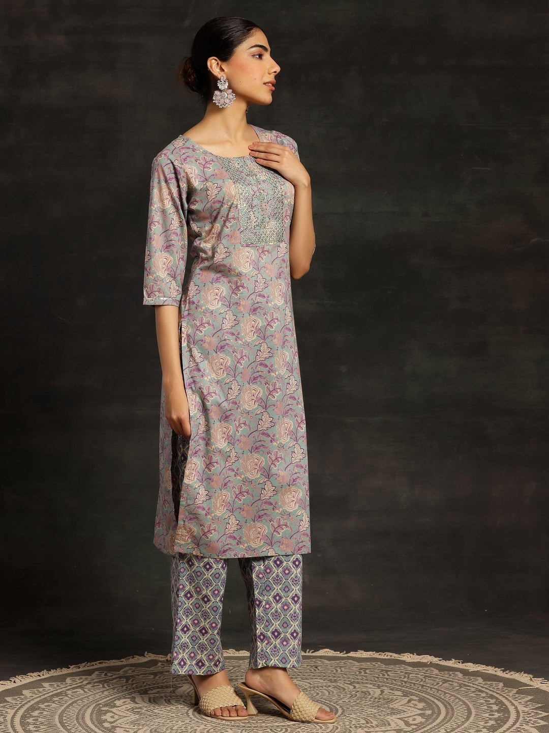 Powder Blue Printed Cotton Straight Kurta With Palazzos & Dupatta - ShopLibas