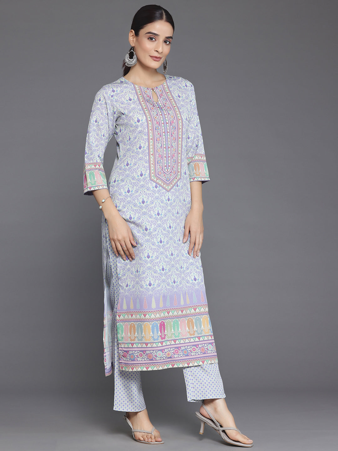 Purple Printed Poly Crepe Straight Suit With Dupatta