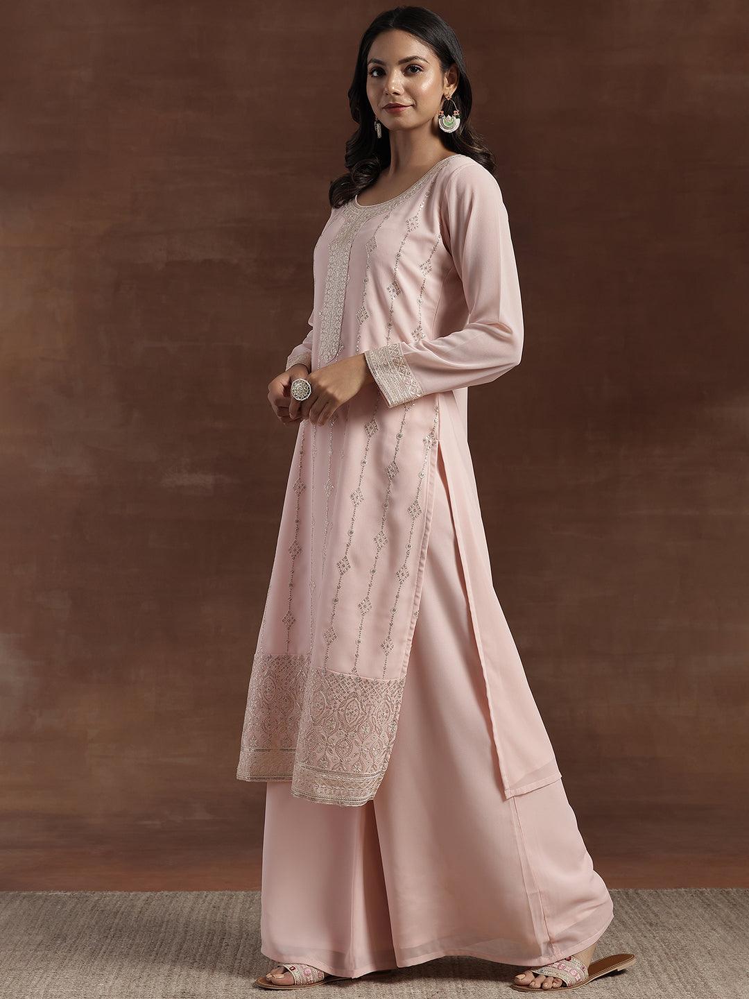 Peach Embroidered Georgette Straight Suit With Dupatta