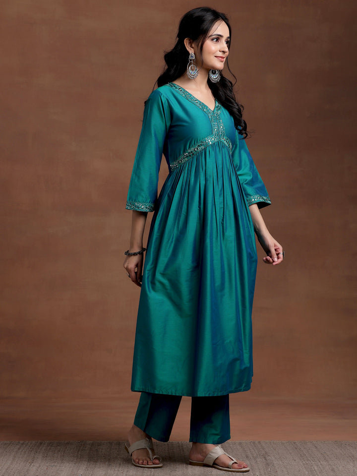 Teal Blue Solid Silk Blend A-Line Kurta With Trousers