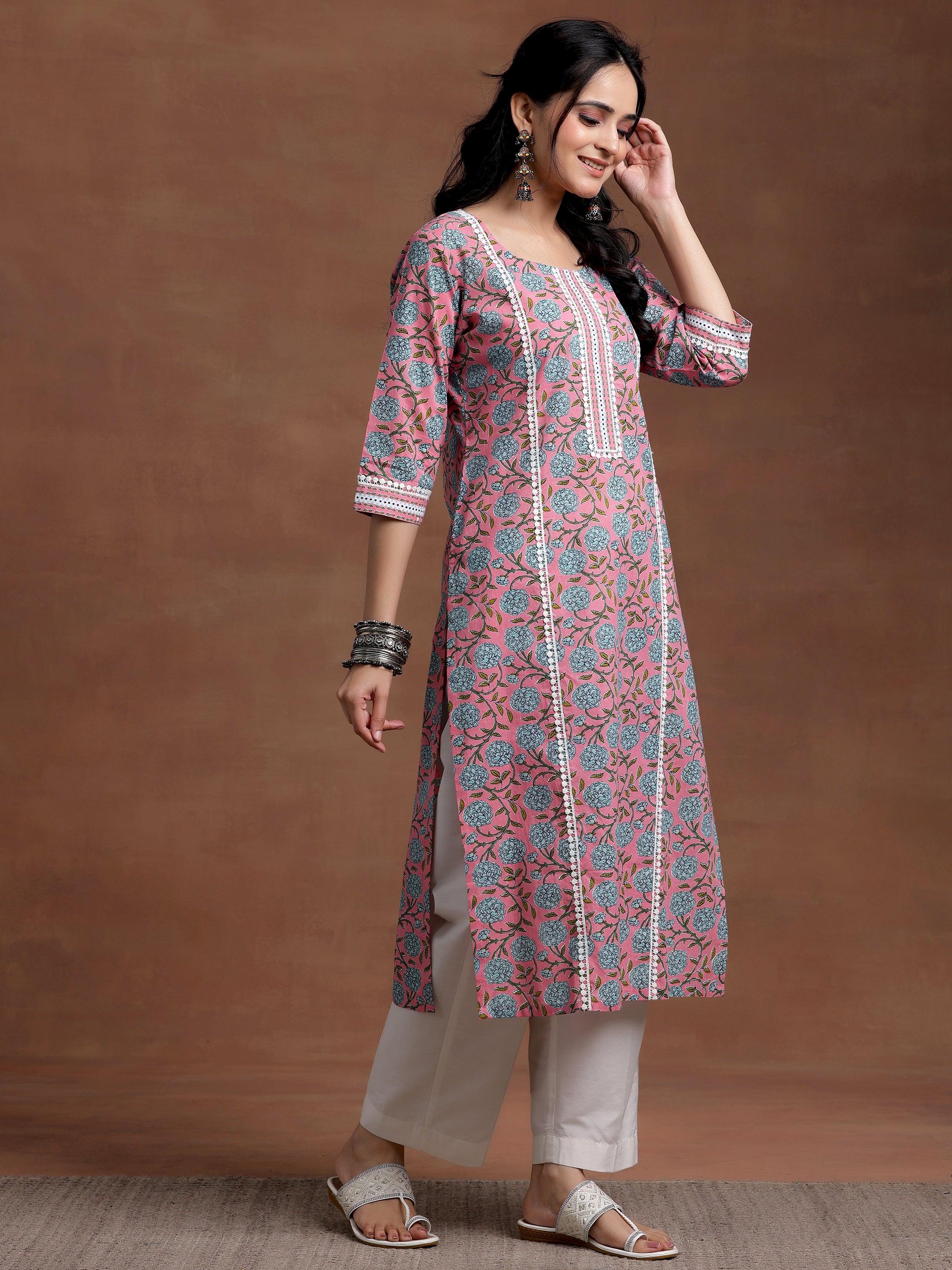 Pink Printed Cotton Straight Kurta