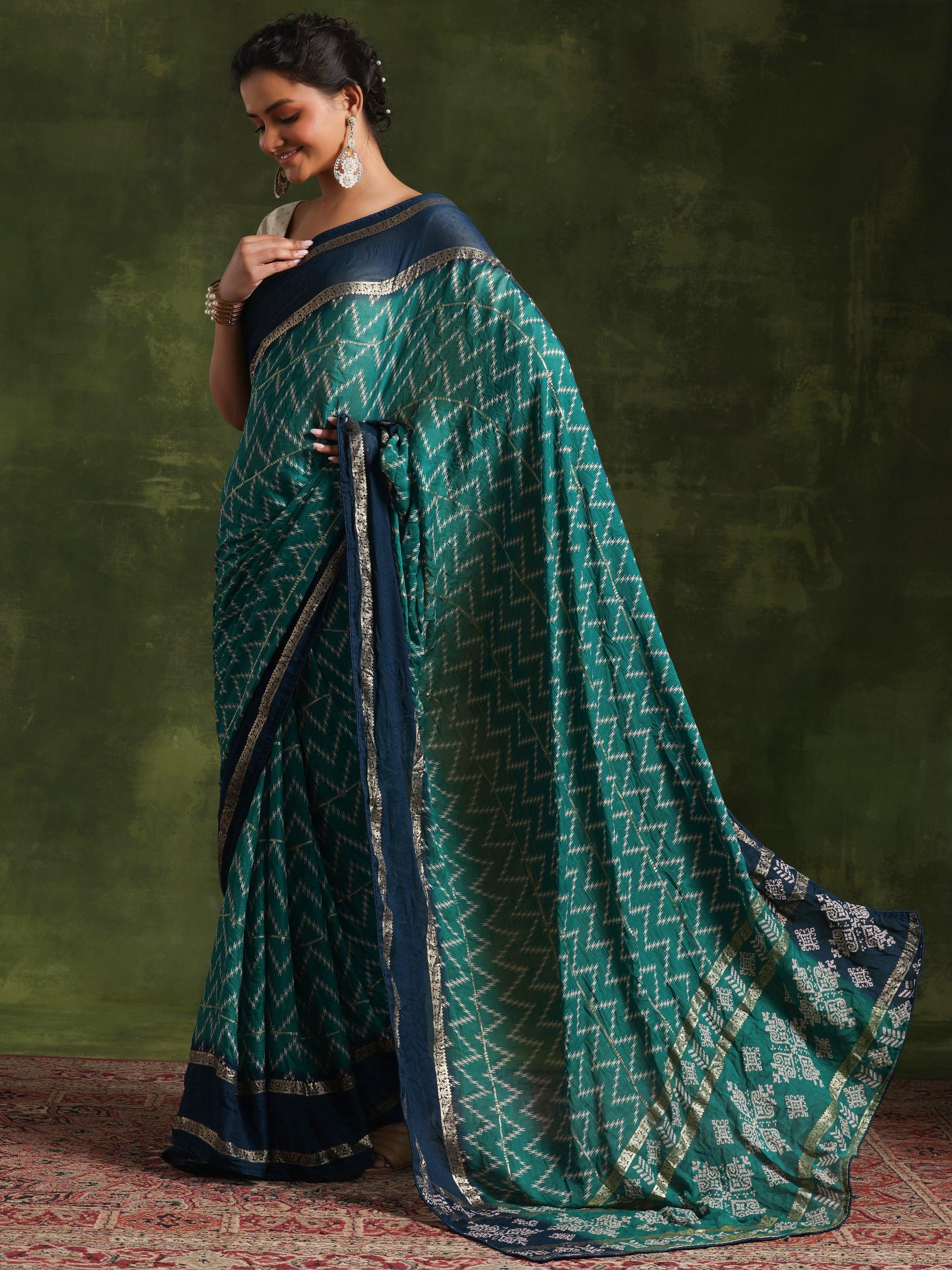 Green Printed Poly Georgette Saree With Unstitched Blouse Piece