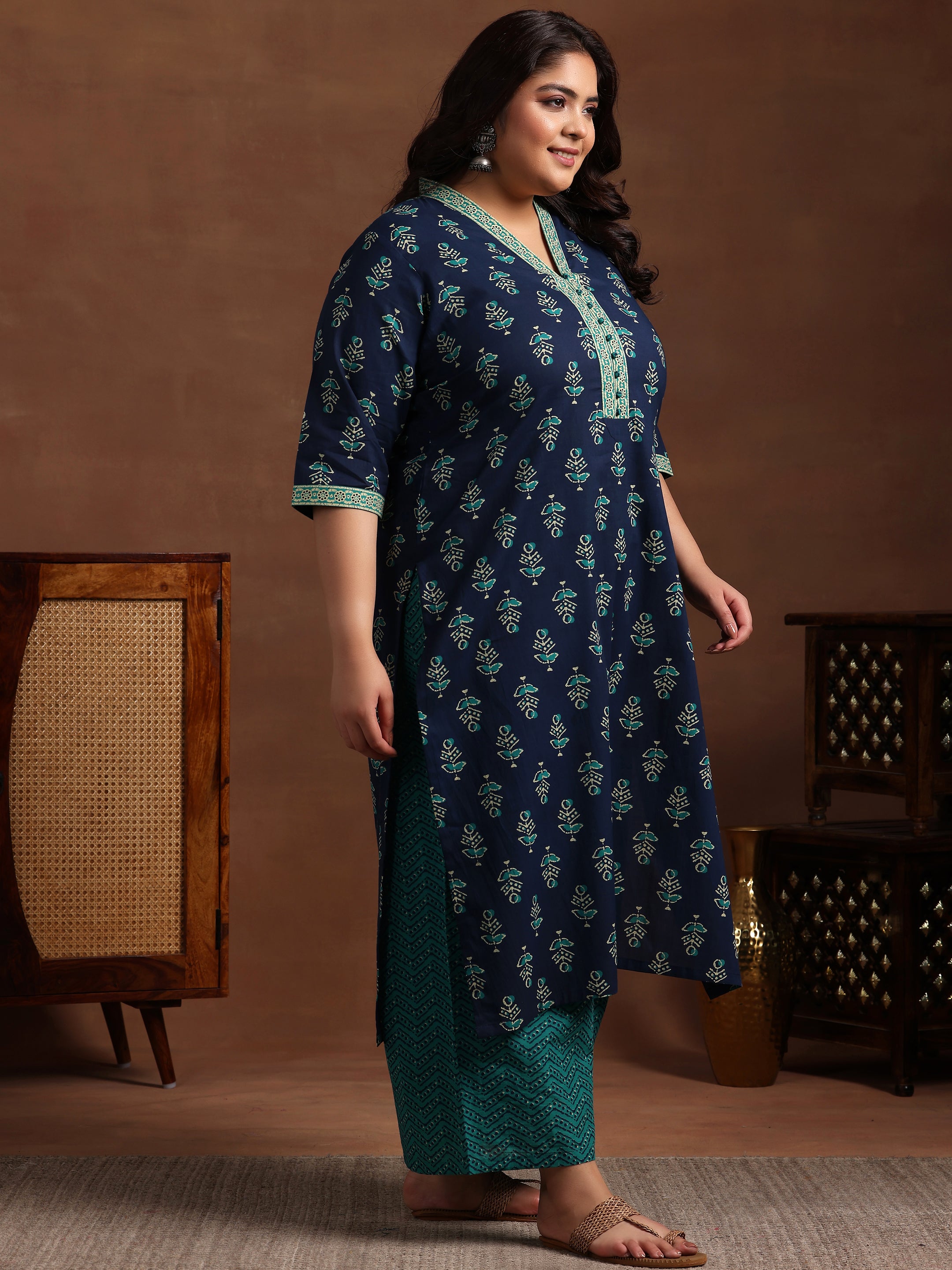 Plus Size Blue Printed Cotton Straight Suit With Dupatta