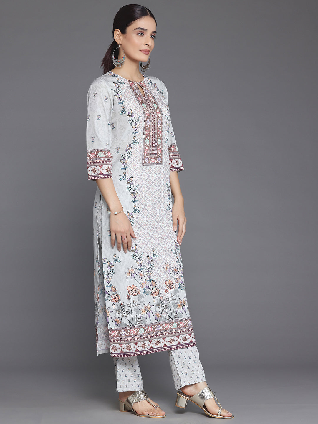 Grey Printed Poly Crepe Straight Suit With Dupatta