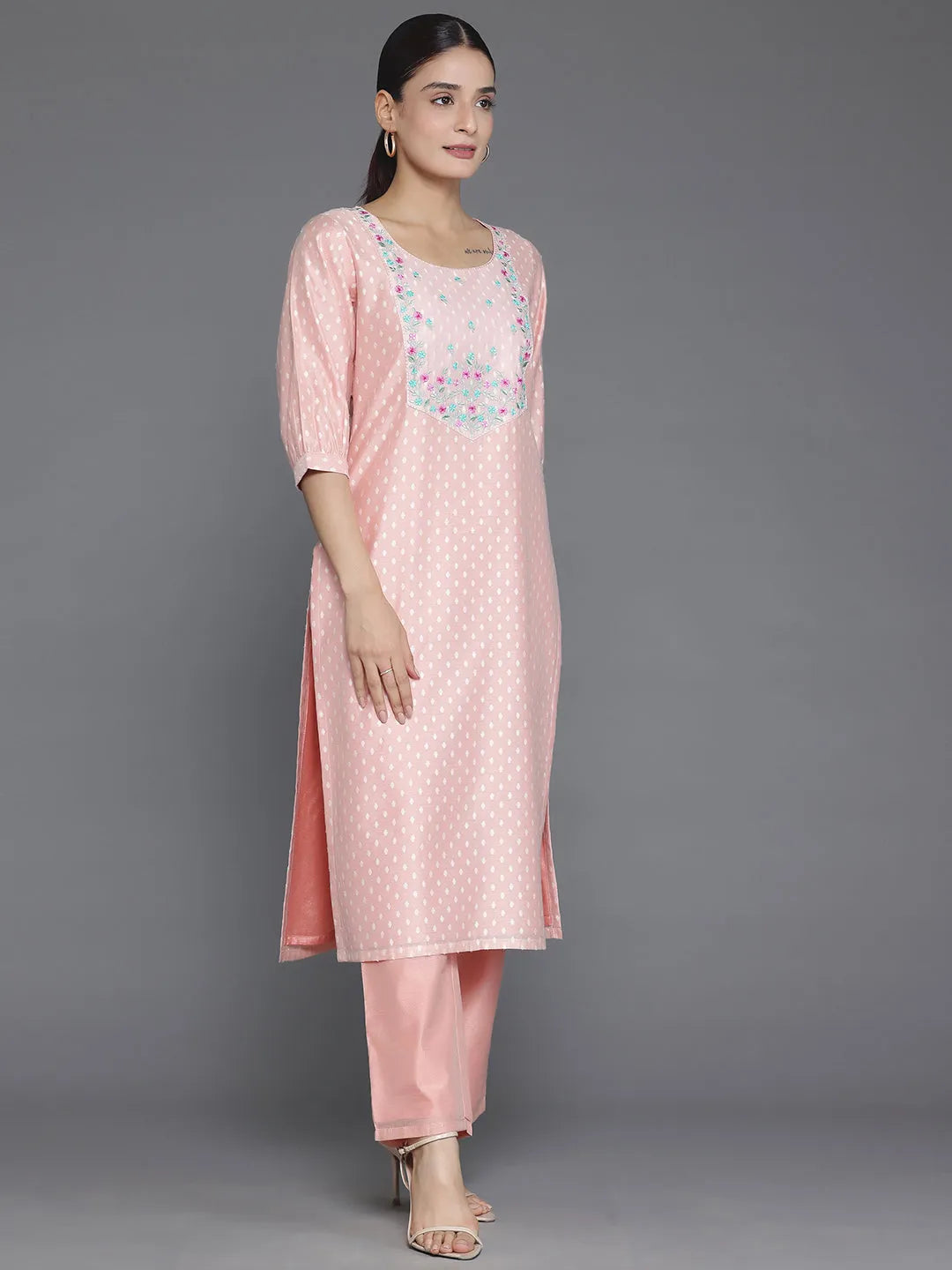 Peach Printed Chanderi Silk Straight Kurta Set