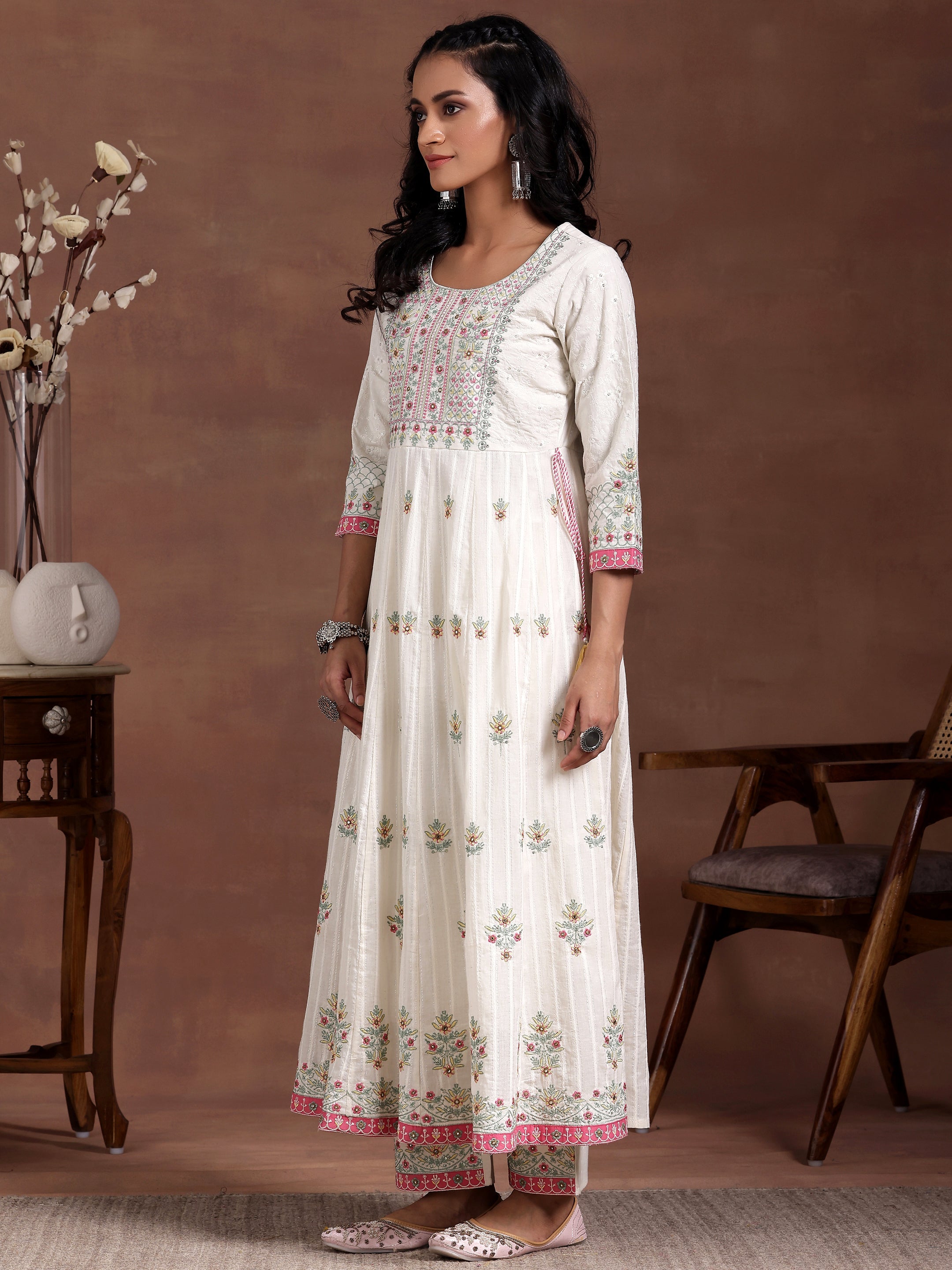 Off white Embroidered Cotton A-Line Kurta With Trousers & Dupatta