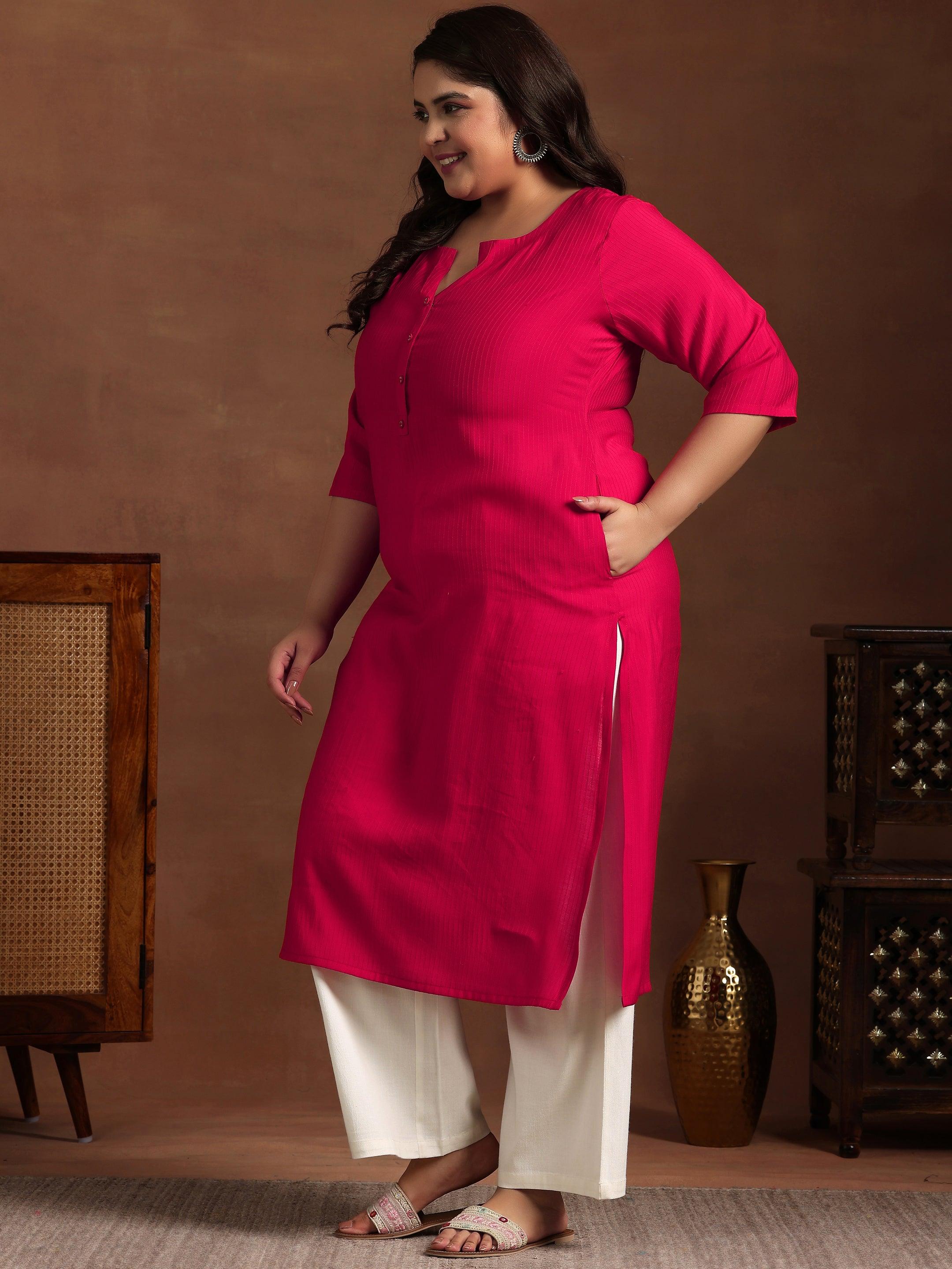 Plus Size Red Woven Design Silk Straight Kurta