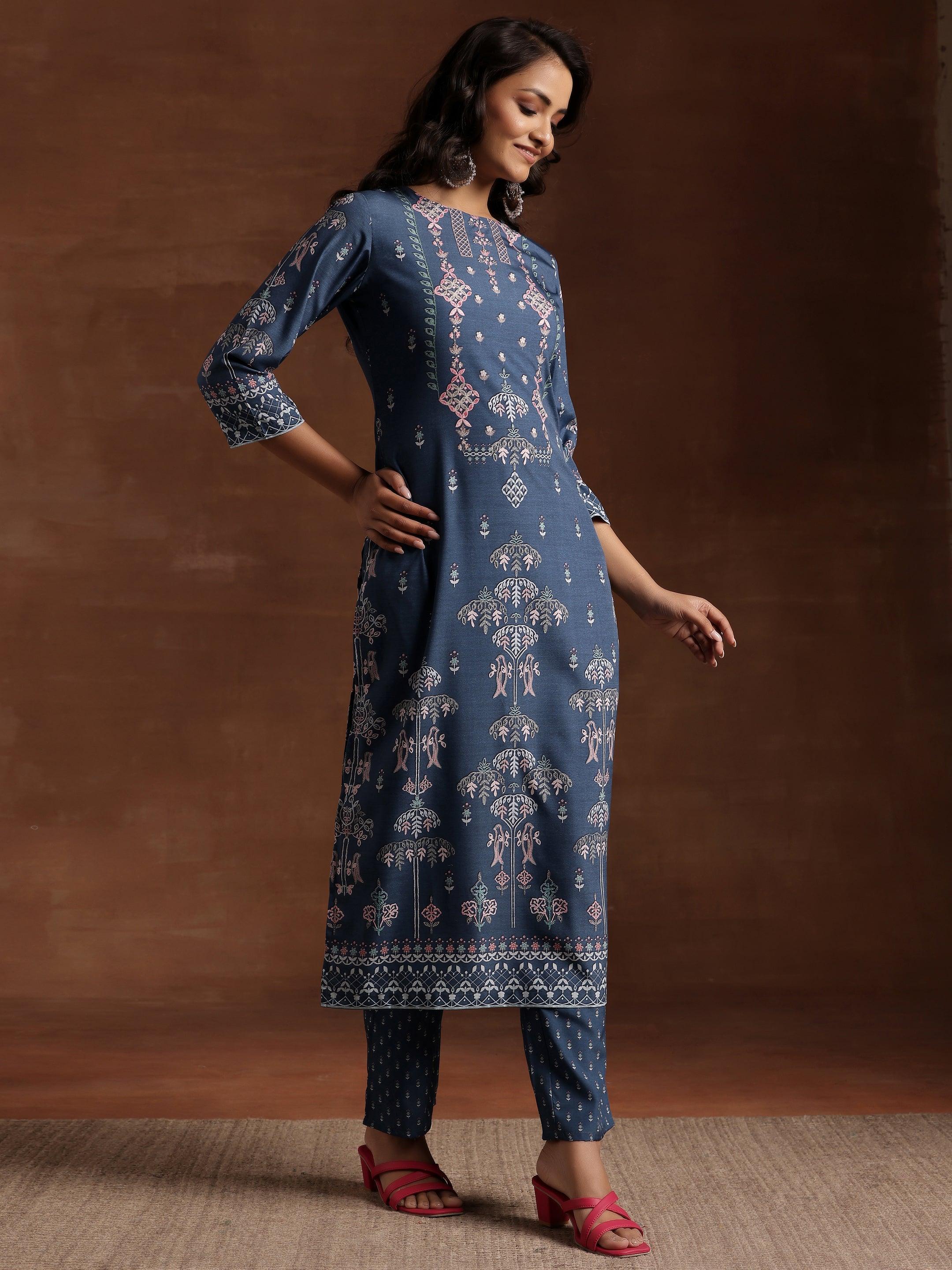 Grey Printed Crepe Straight Kurta Set