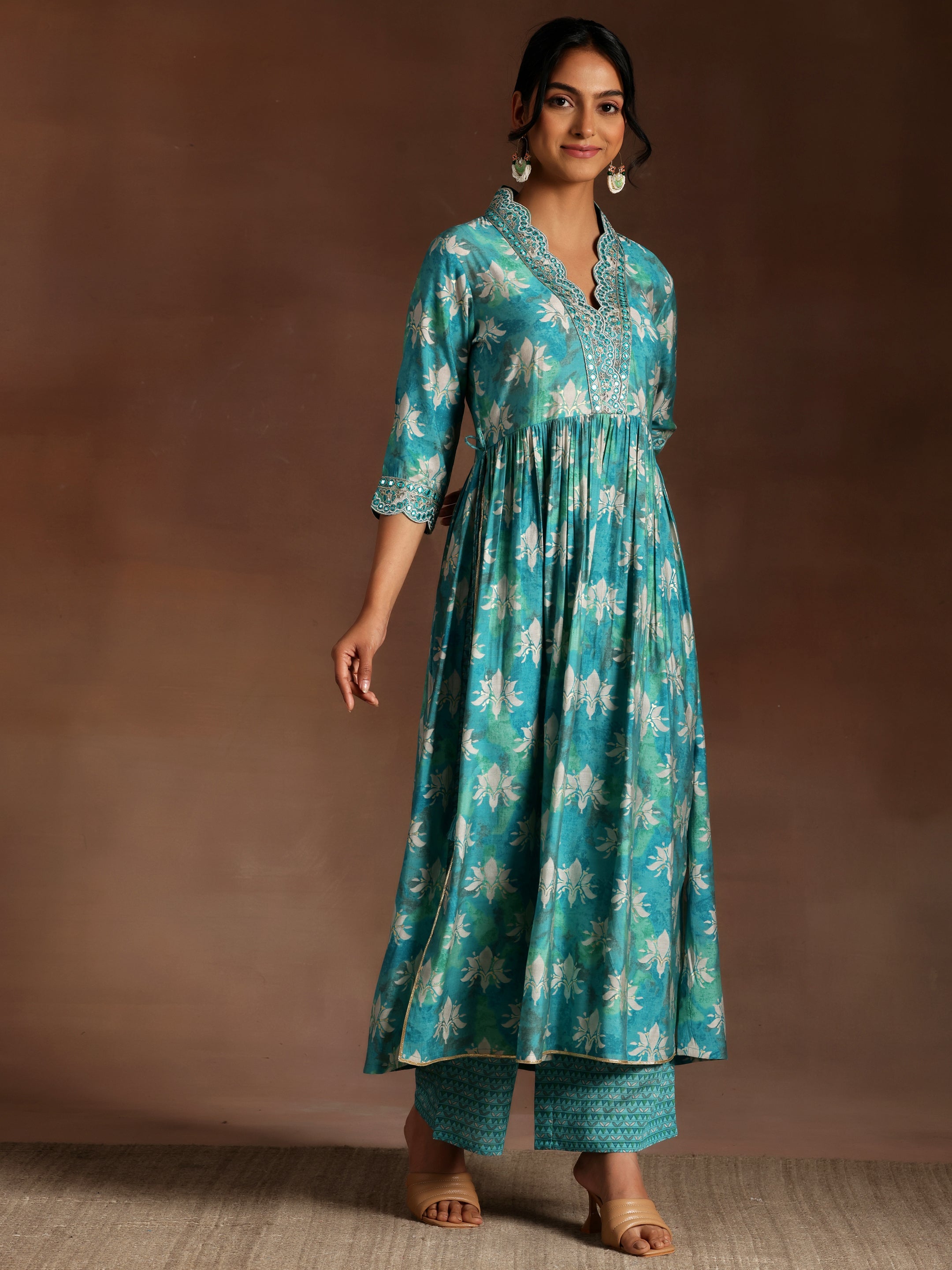 Blue Printed Silk Blend A-Line Kurta With Palazzos & Dupatta