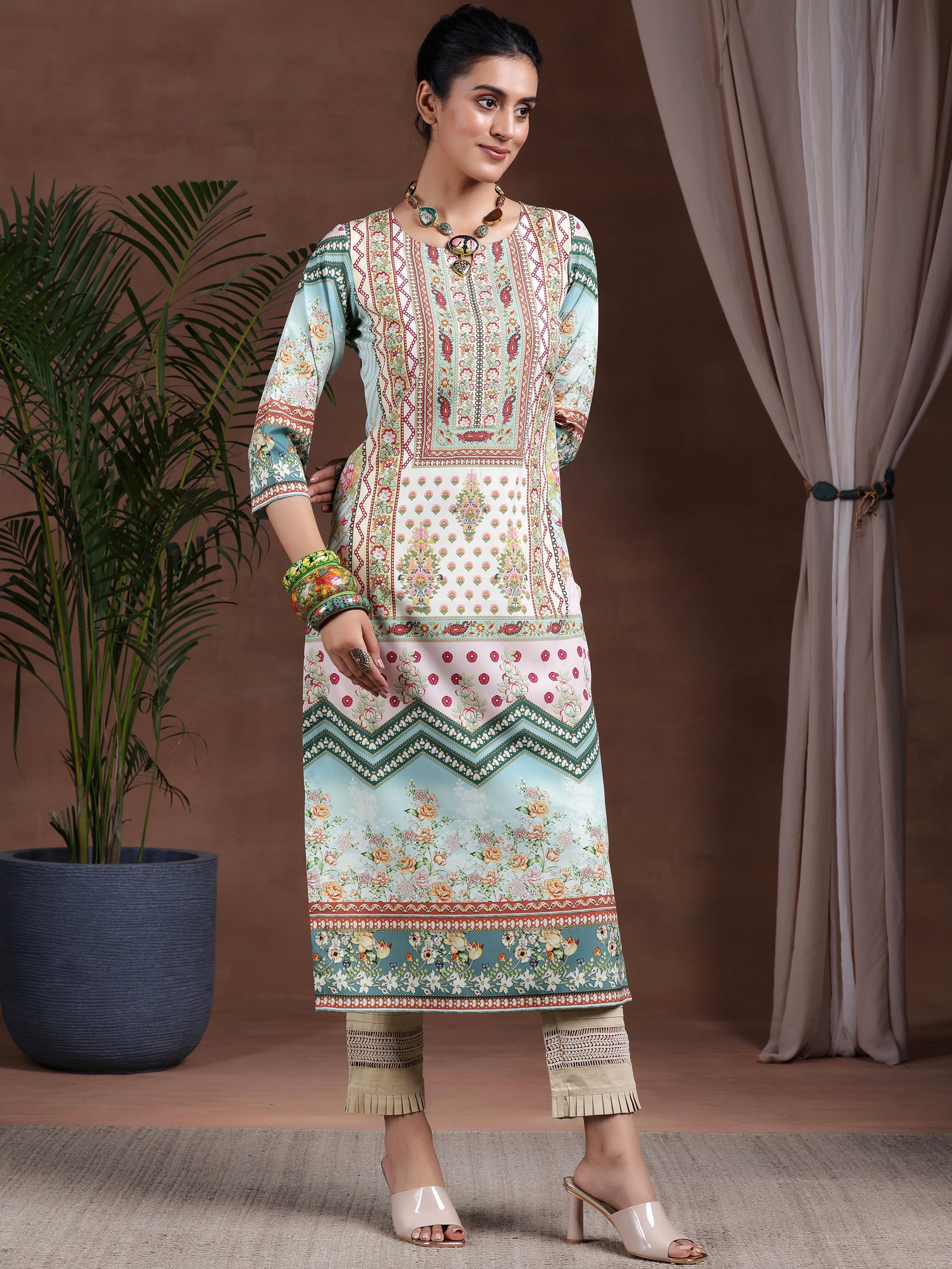 Sea Green Printed Crepe Straight Kurta