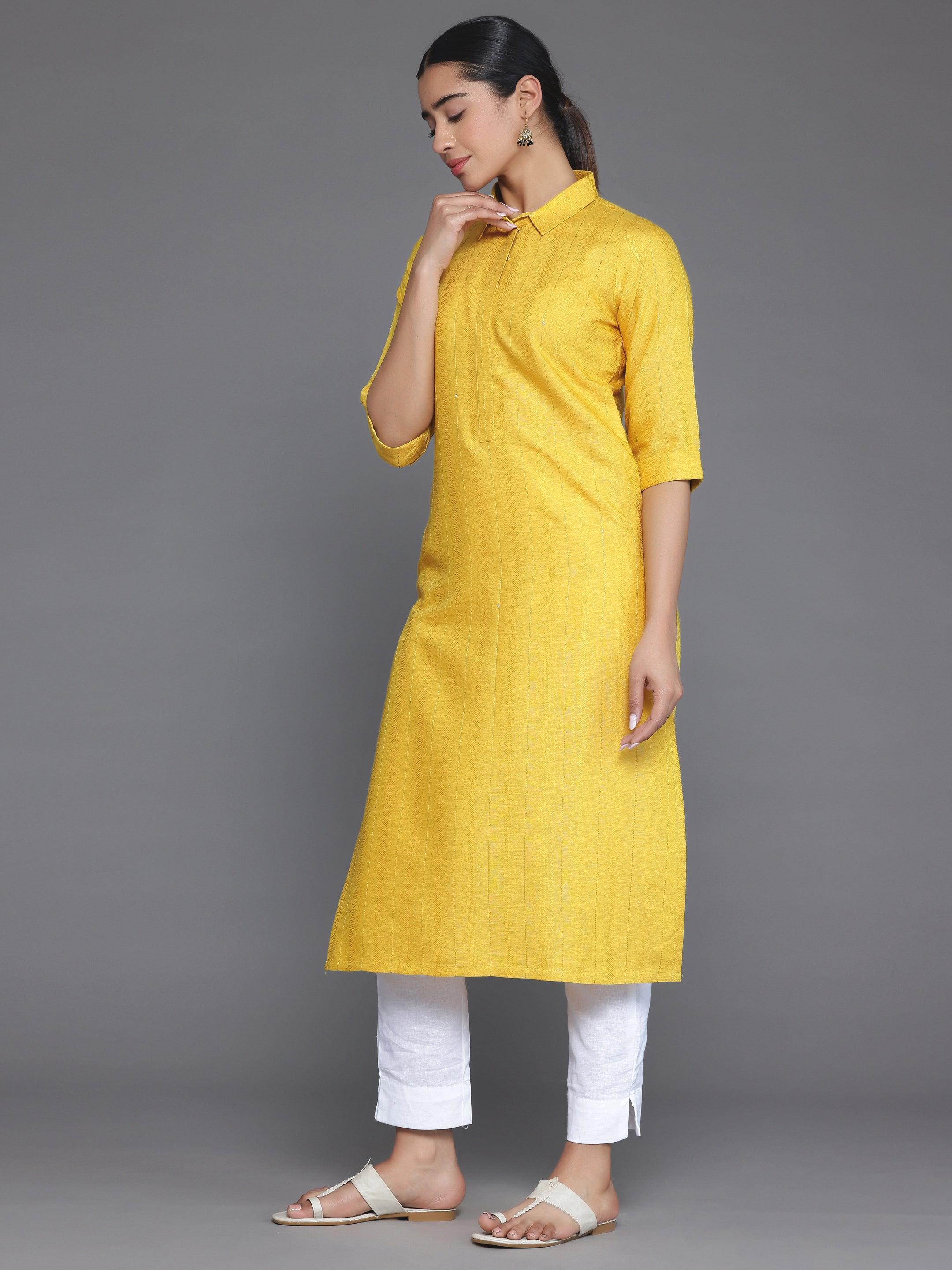 Yellow Woven Design Cotton Straight Kurta