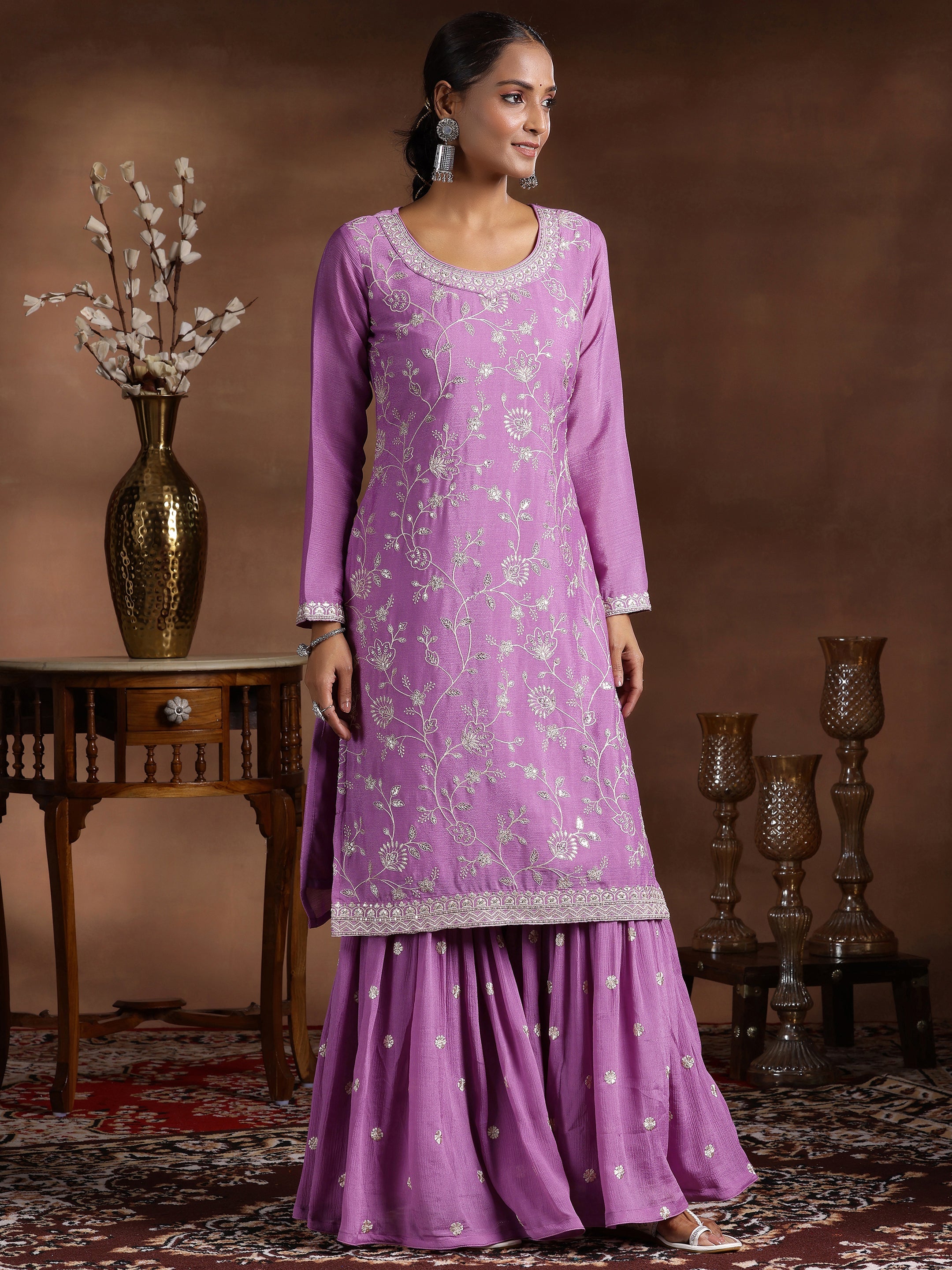 Lavender Embroidered Silk Blend Straight Suit With Dupatta