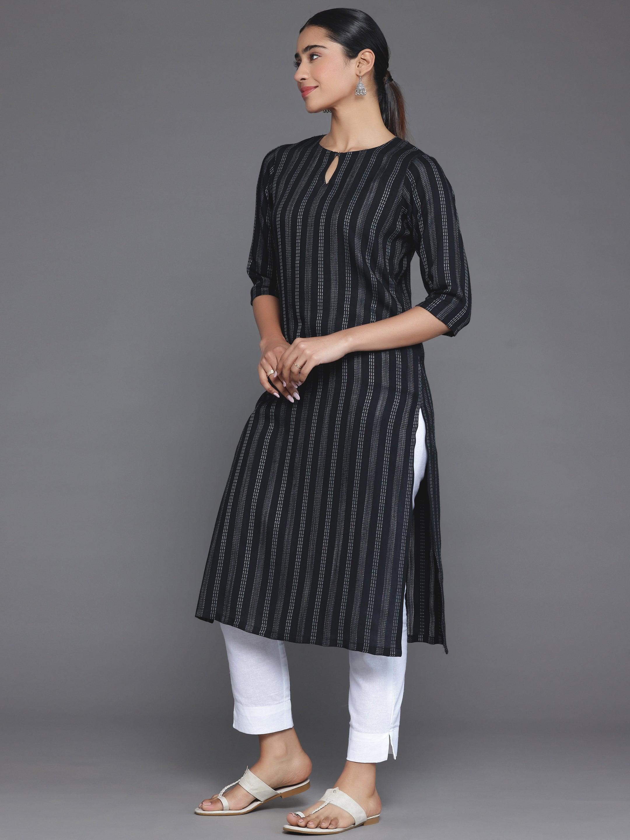 Black Striped Rayon Straight Kurta