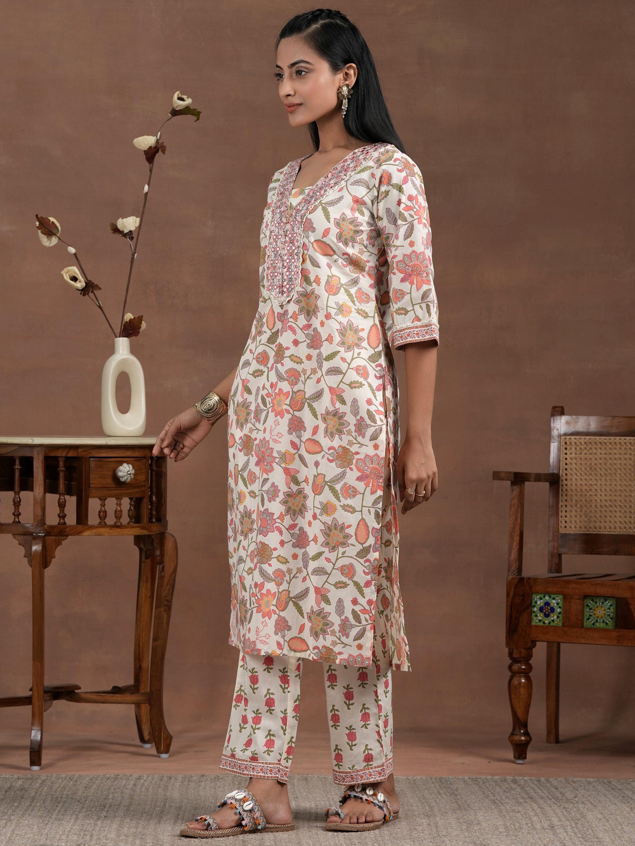 Off White Printed Cotton Kurta Set