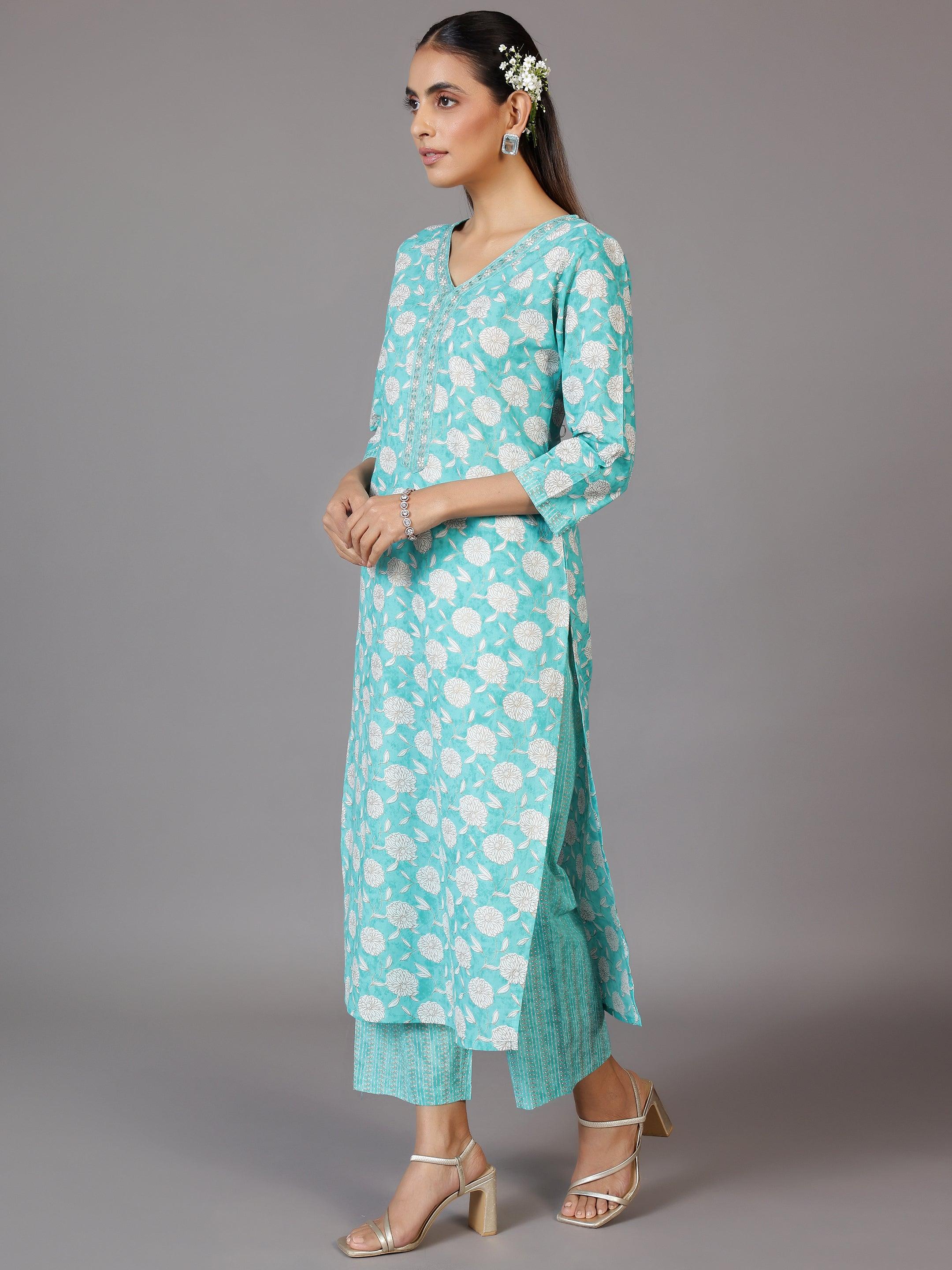 Turquoise Printed Cotton Straight Suit With Dupatta