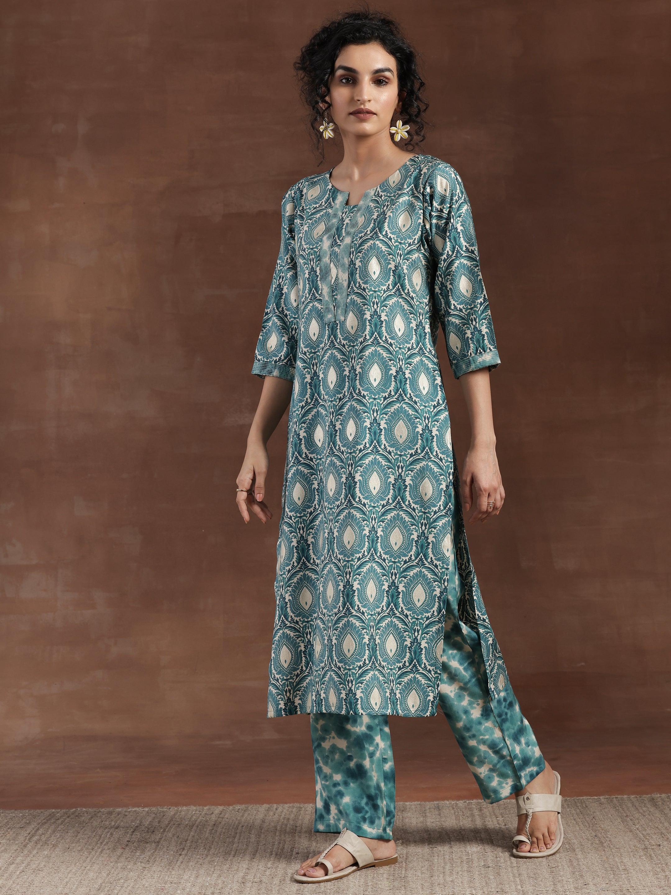 Blue Printed Silk Blend Straight Kurta Set