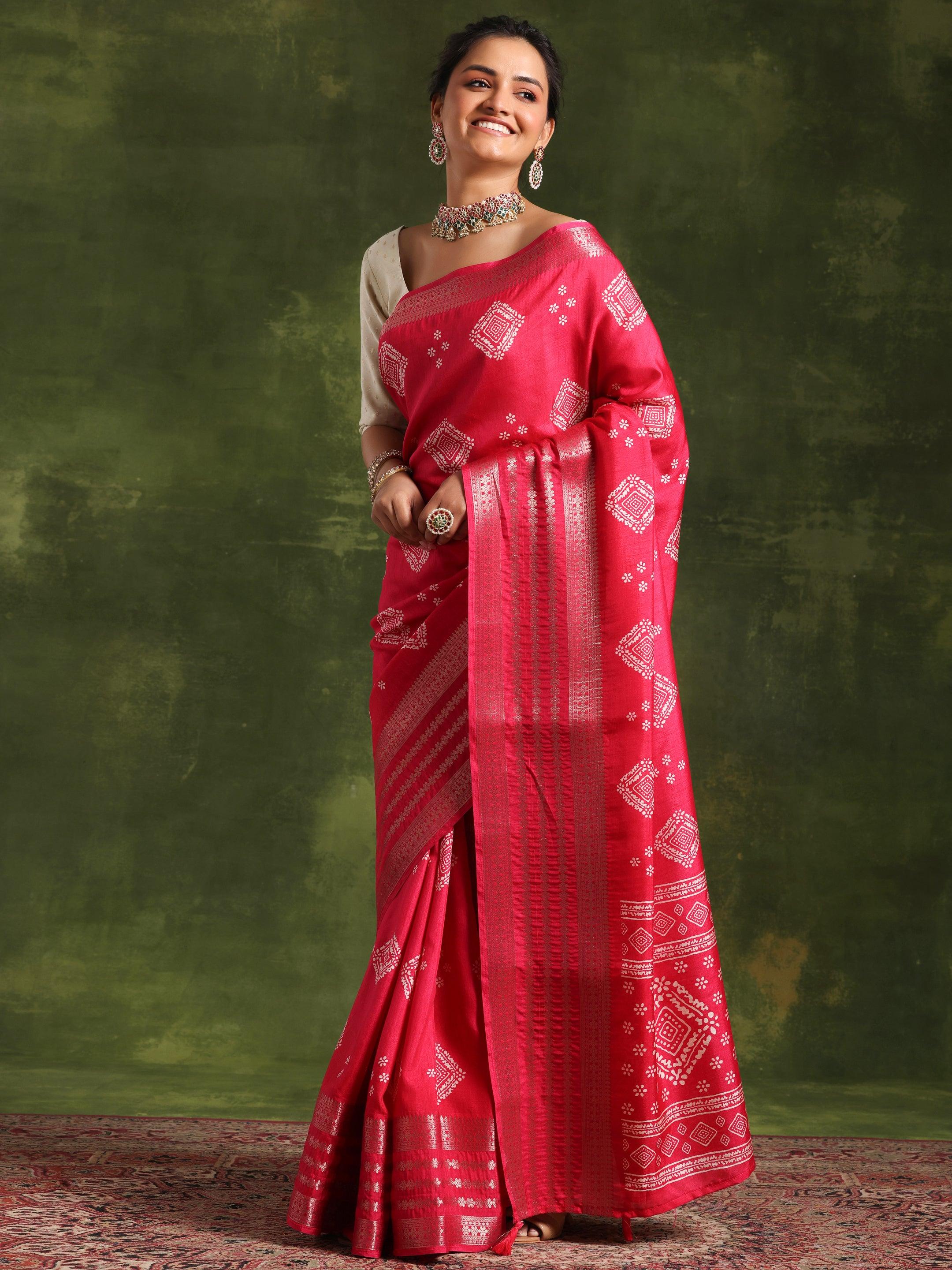 Pink Printed Silk Blend Saree With Unstitched Blouse Piece