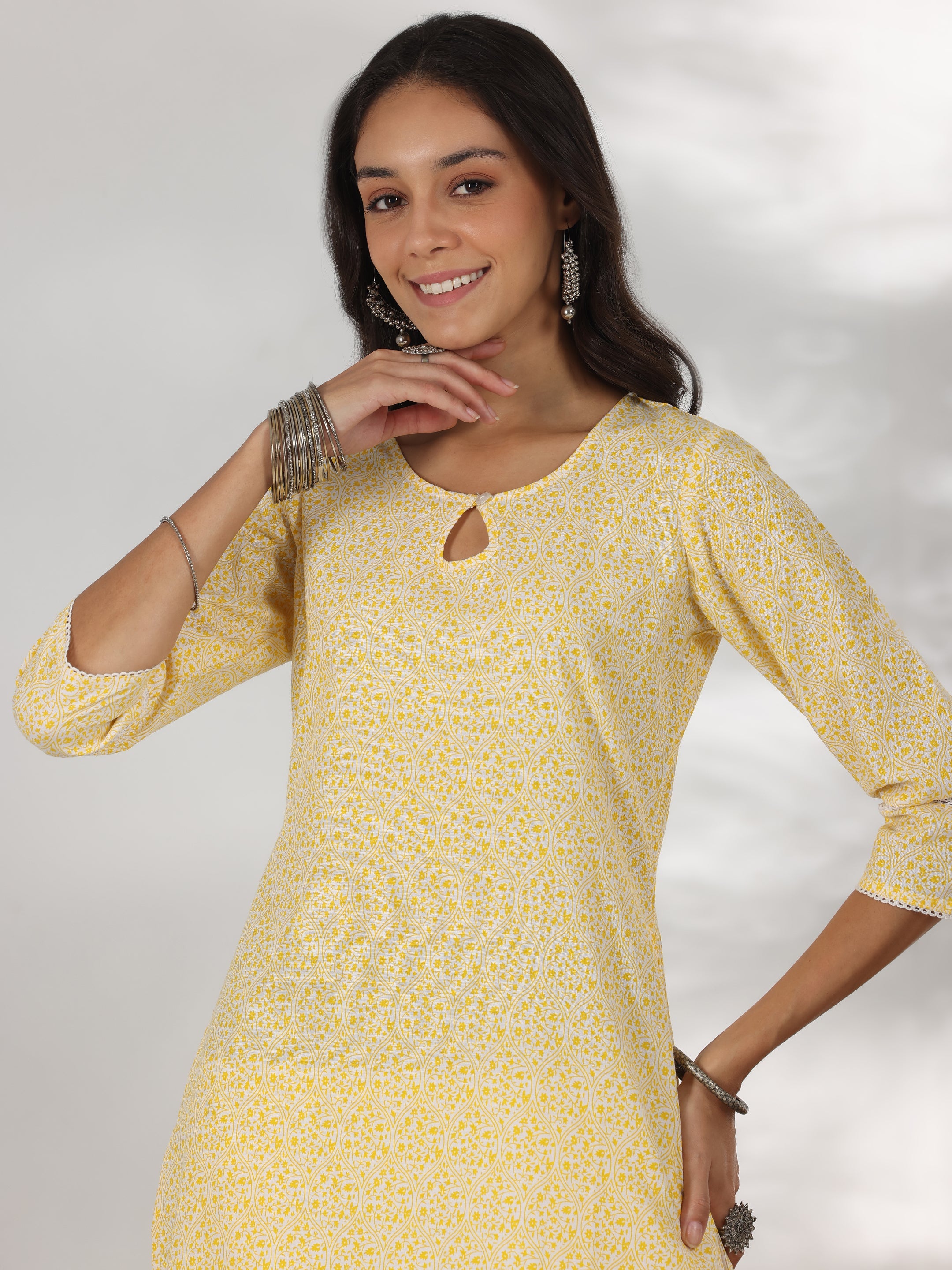 Yellow Printed Cotton Straight Kurta