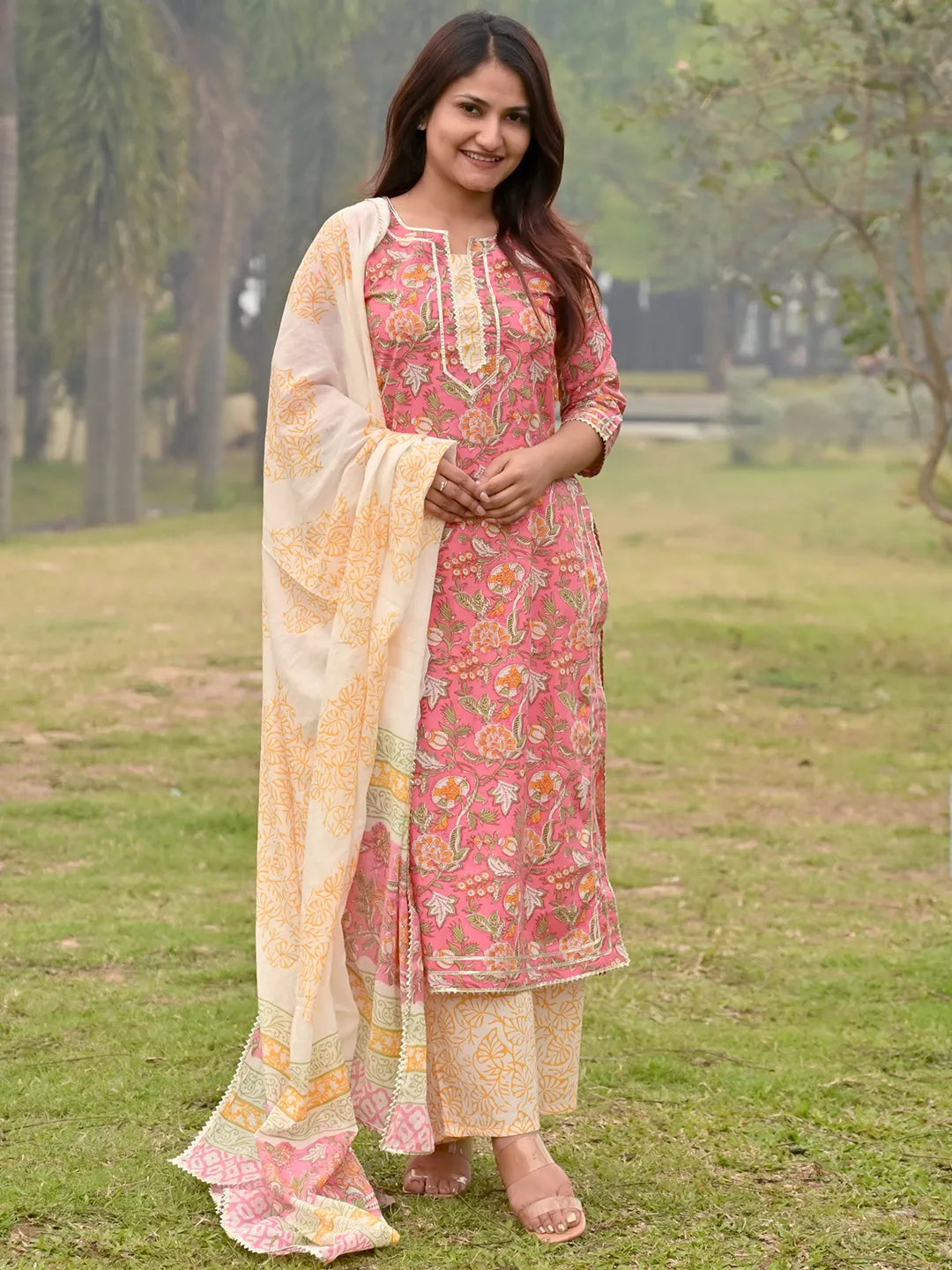 Pink Printed Cotton Suit Set