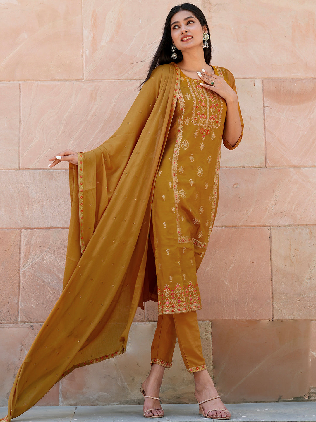 Mustard Self Design Silk Suit Set