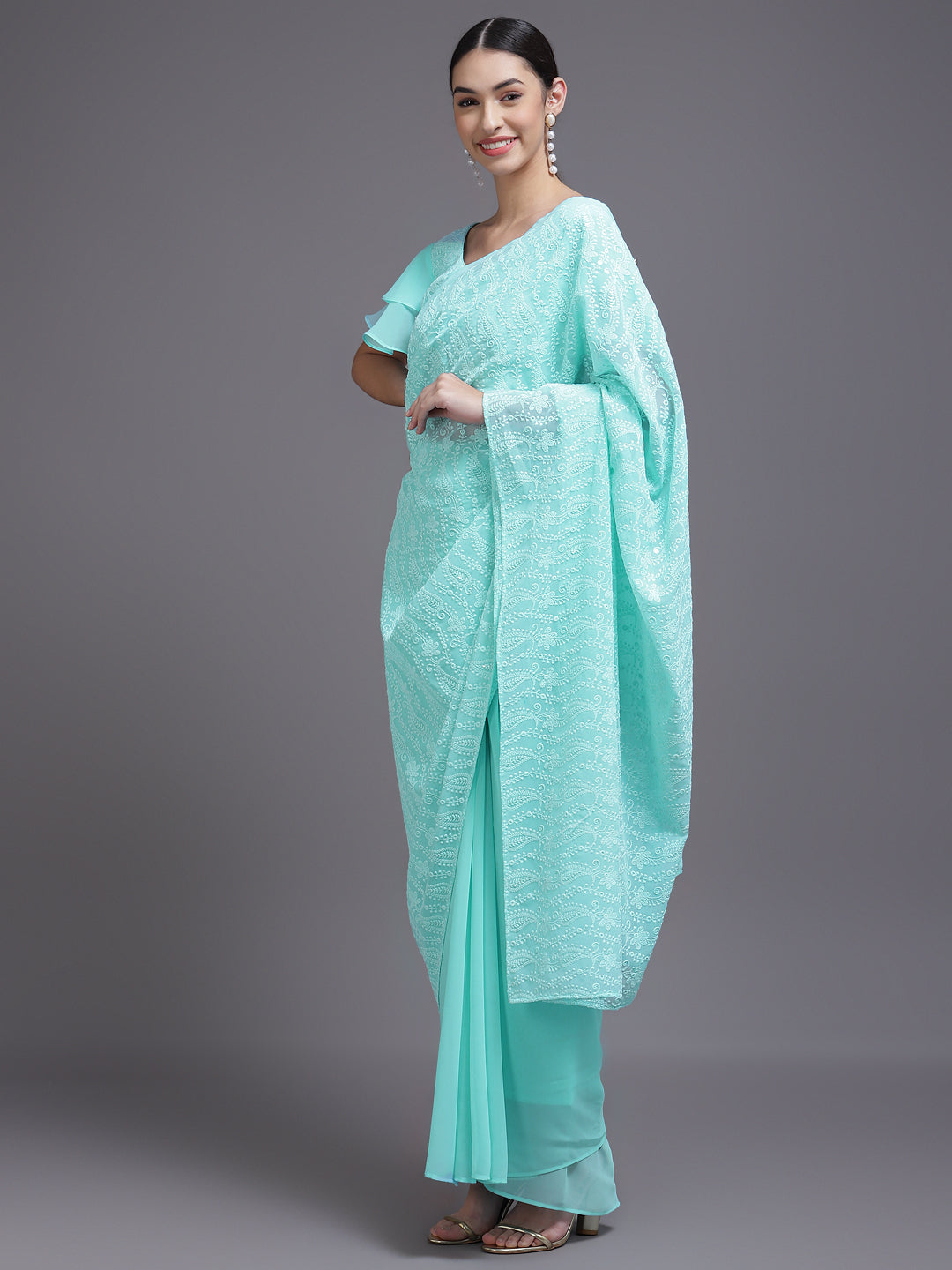 Turquoise Blue Embroidered Georgette Saree