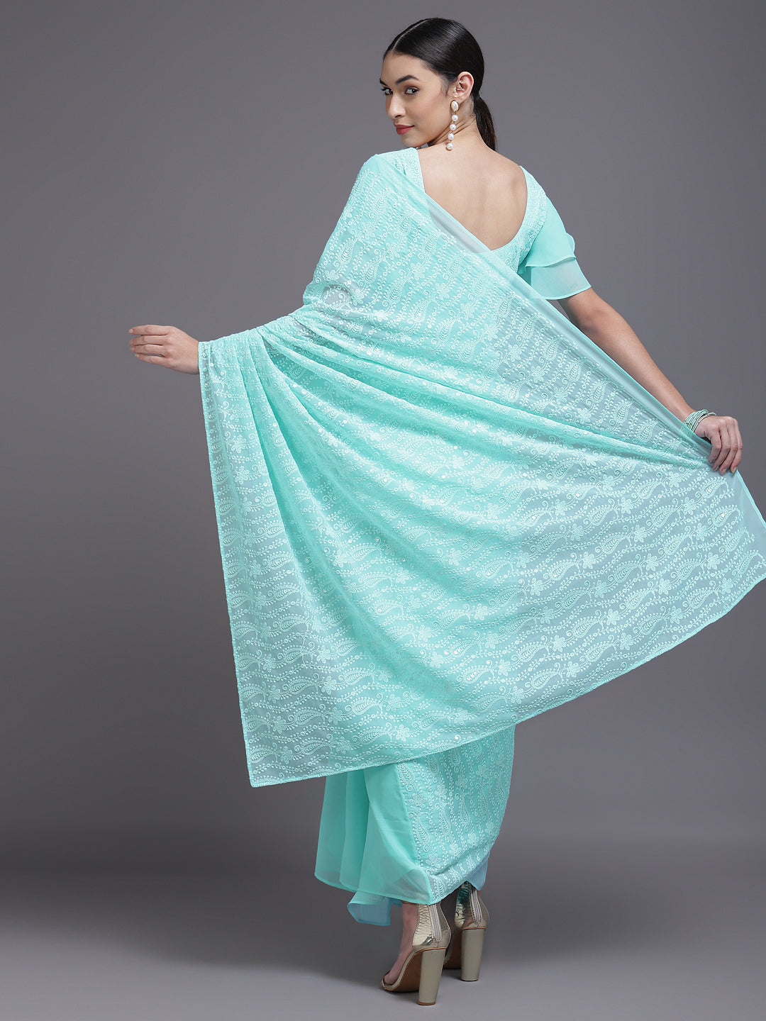 Turquoise Blue Embroidered Georgette Saree