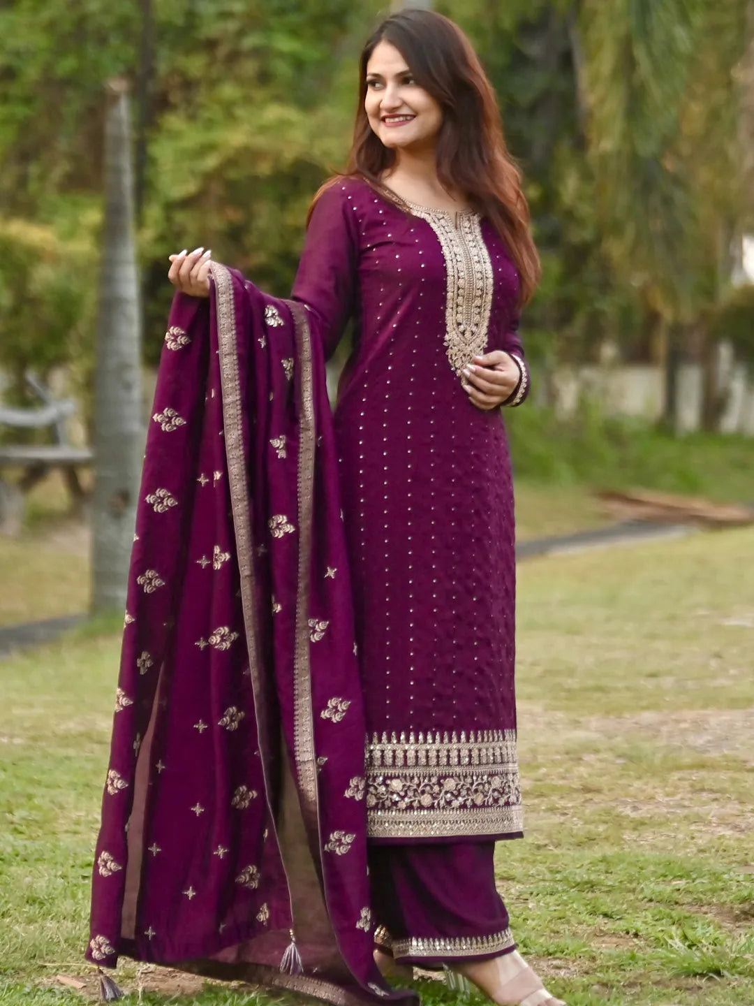 Purple Embroidered Silk Blend Straight Suit With Dupatta