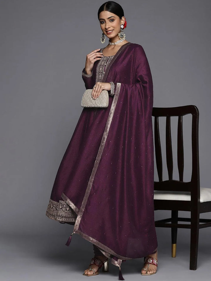 Purple Yoke Design Silk Blend Straight Suit Set - ShopLibas