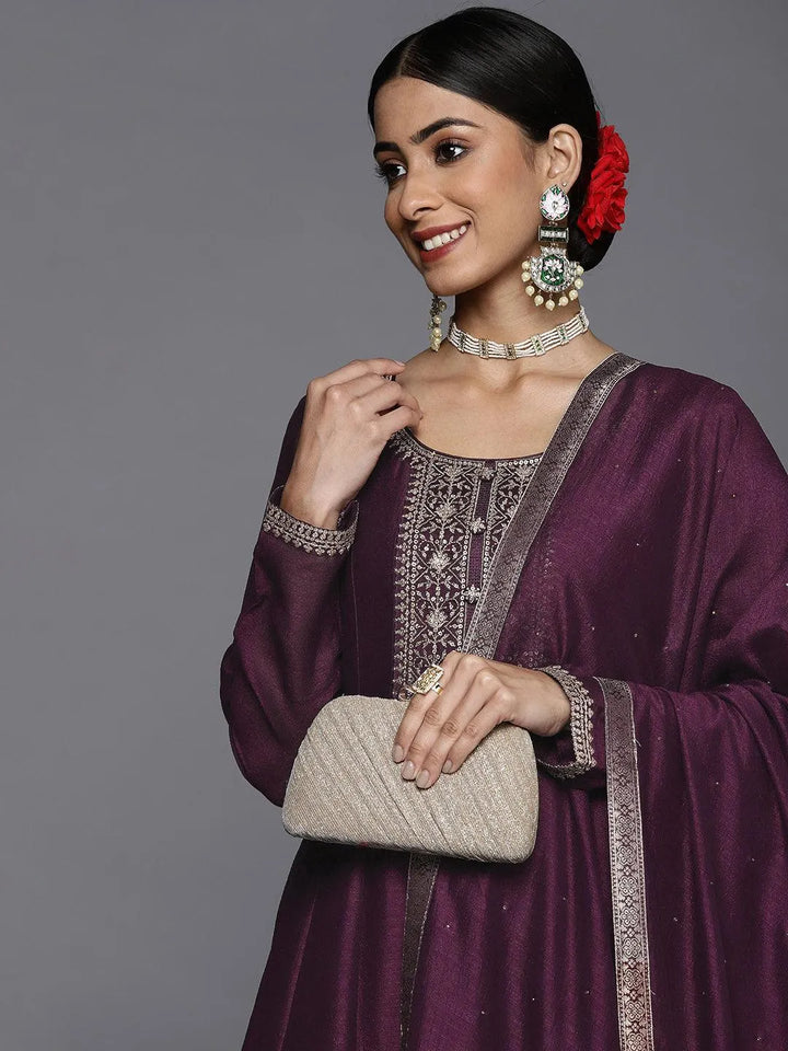 Purple Yoke Design Silk Blend Straight Suit Set - ShopLibas