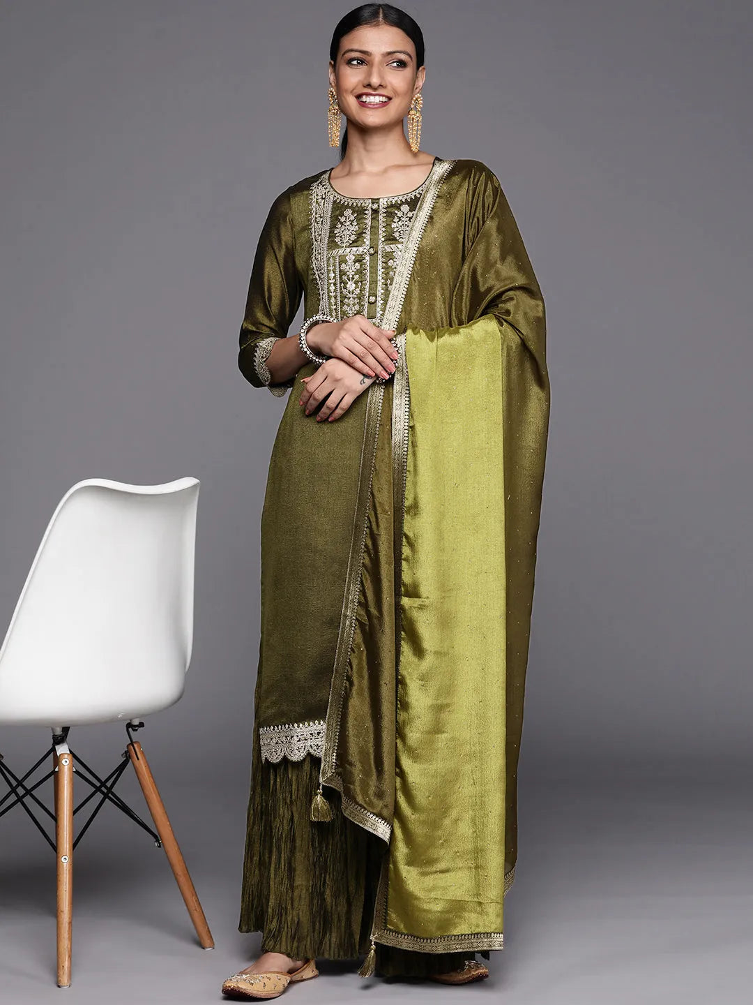 Olive Yoke Design Silk Blend Straight Suit Set