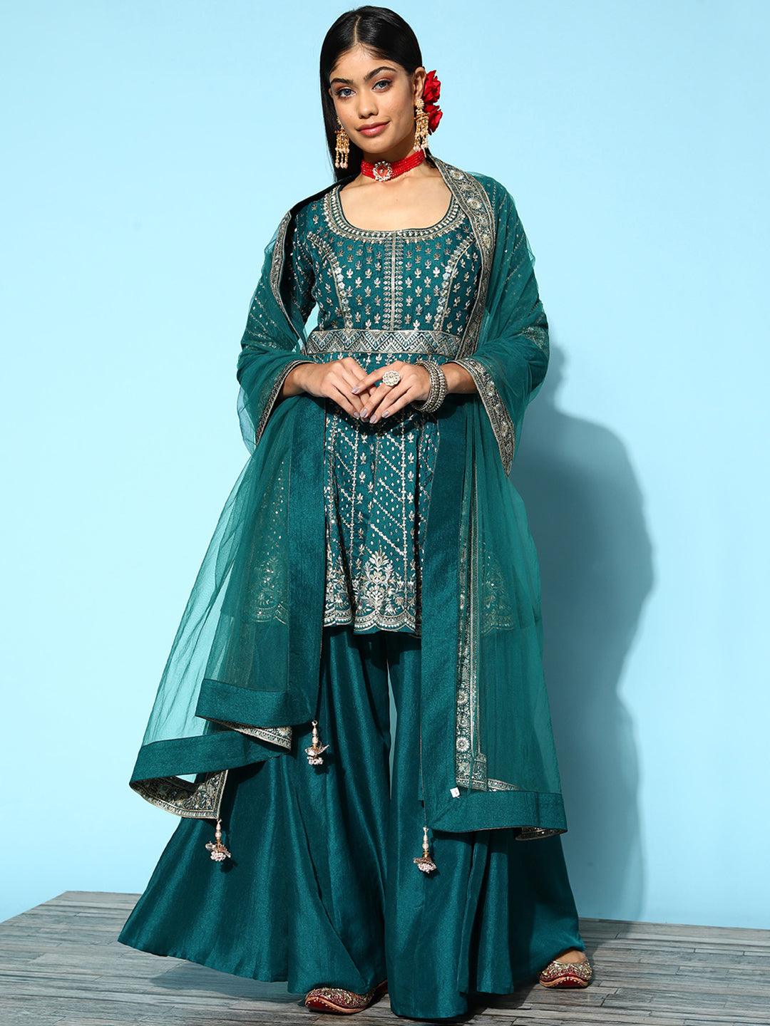 Libas Art Blue Embroidered Silk A-Line Suit Set With Palazzos