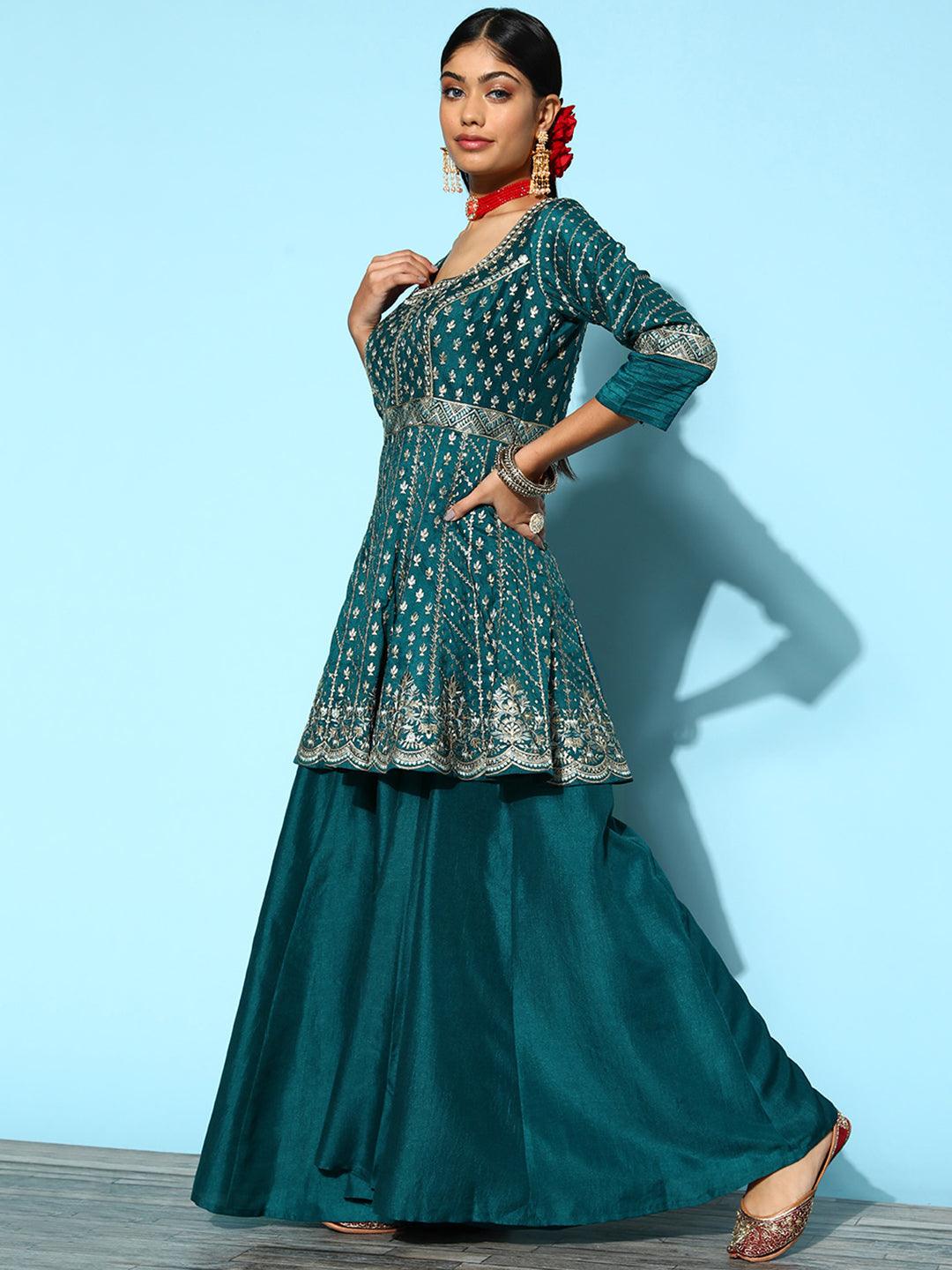 Libas Art Blue Embroidered Silk A-Line Suit Set With Palazzos