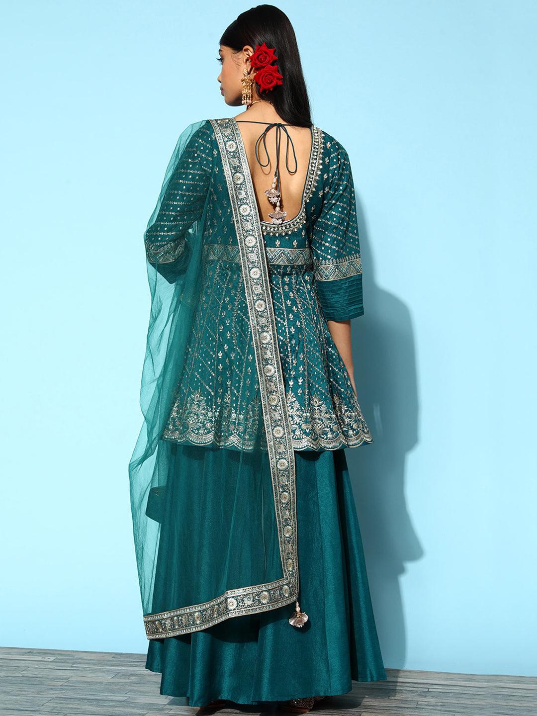 Libas Art Blue Embroidered Silk A-Line Suit Set With Palazzos