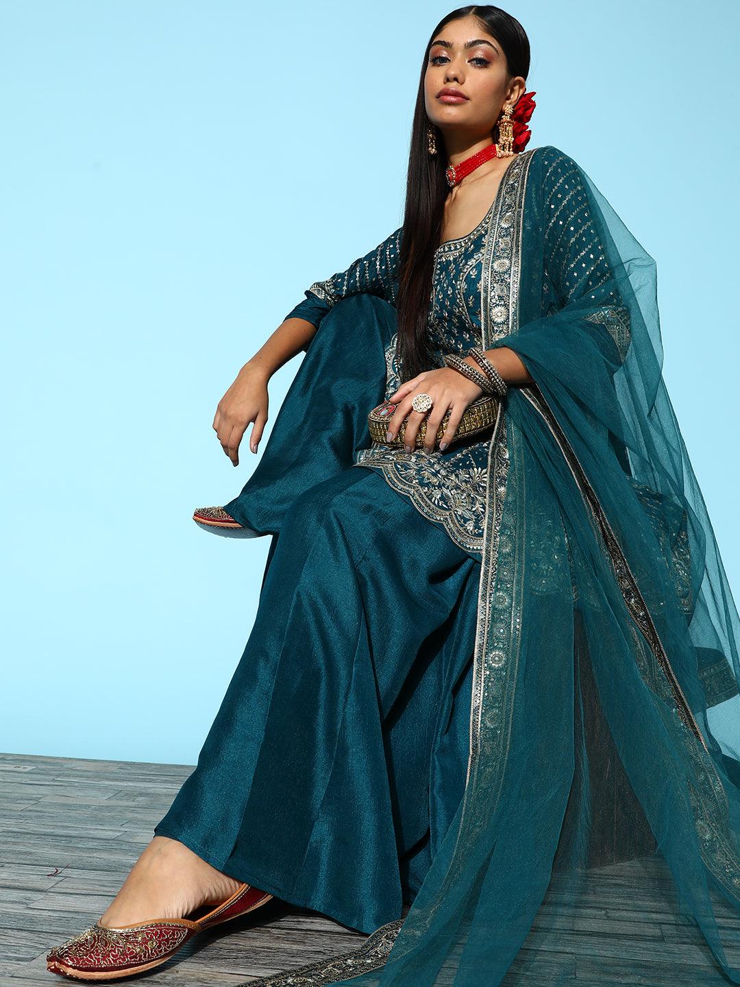 Libas Art Blue Embroidered Silk A-Line Suit Set With Palazzos