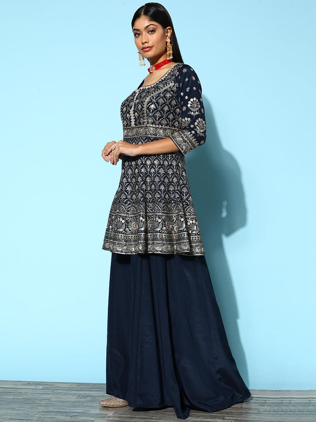 Libas Art Blue Embroidered Silk Anarkali Suit Set With Palazzos