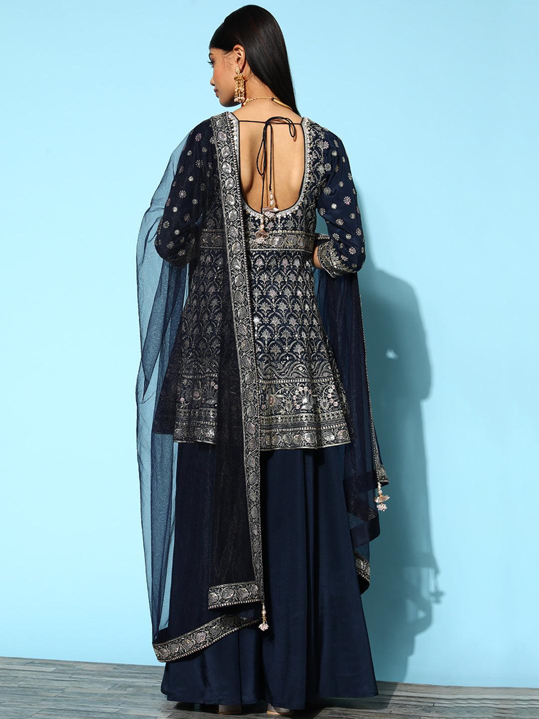 Libas Art Blue Embroidered Silk Anarkali Suit Set With Palazzos