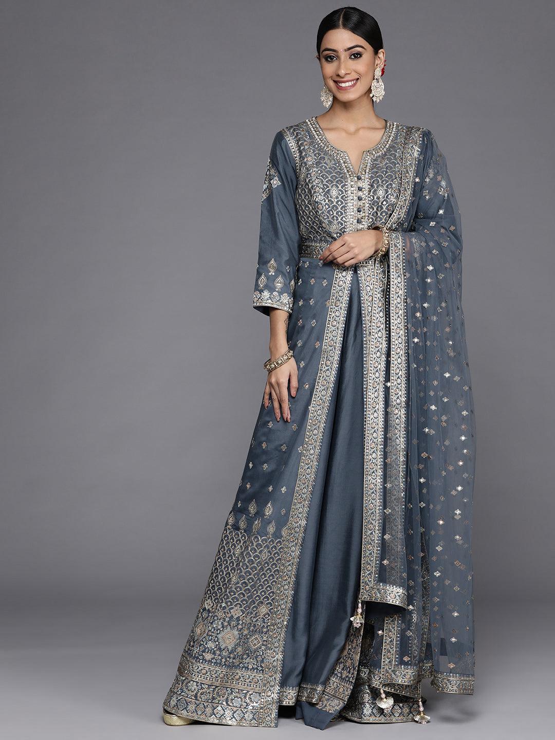 Libas Art Grey Embroidered Silk Anarkali Suit Set