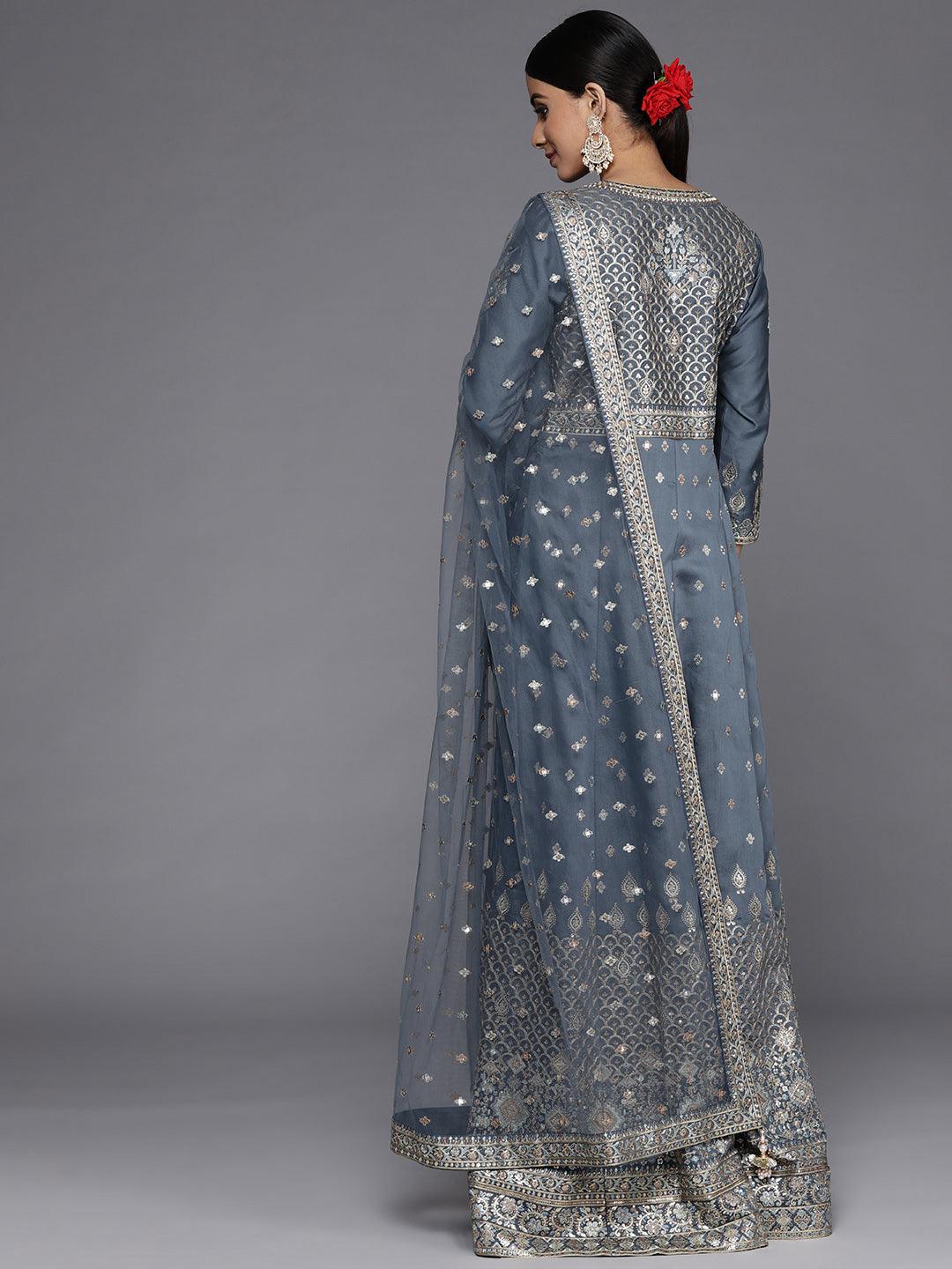 Libas Art Grey Embroidered Silk Anarkali Suit Set