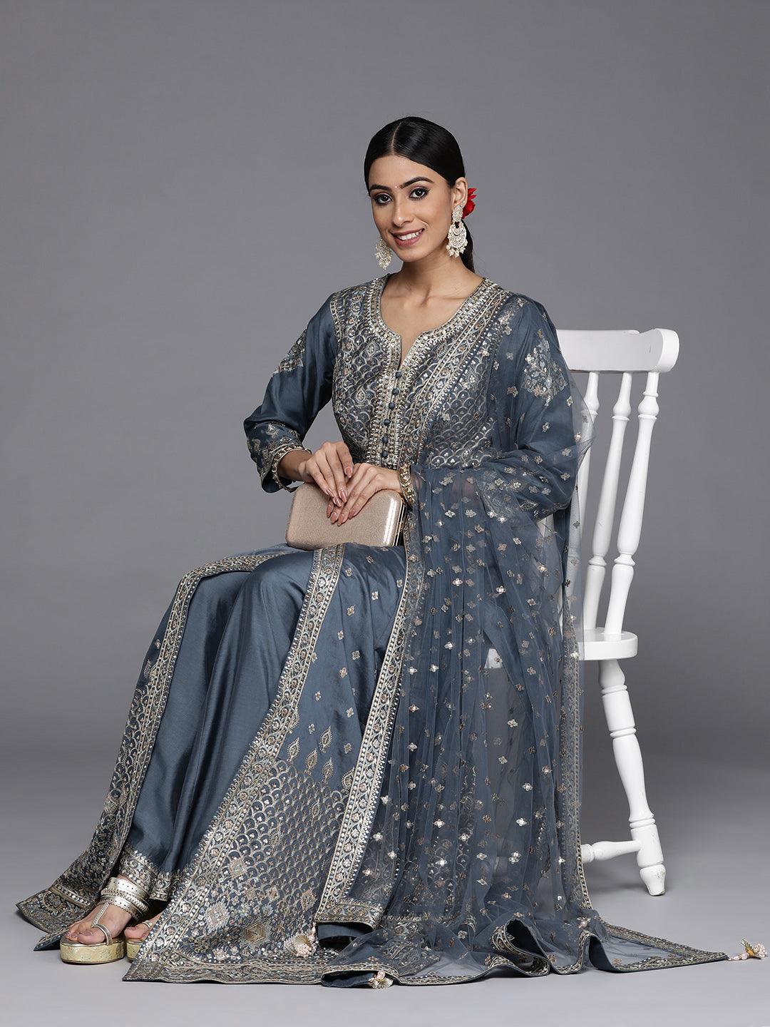 Libas Art Grey Embroidered Silk Anarkali Suit Set