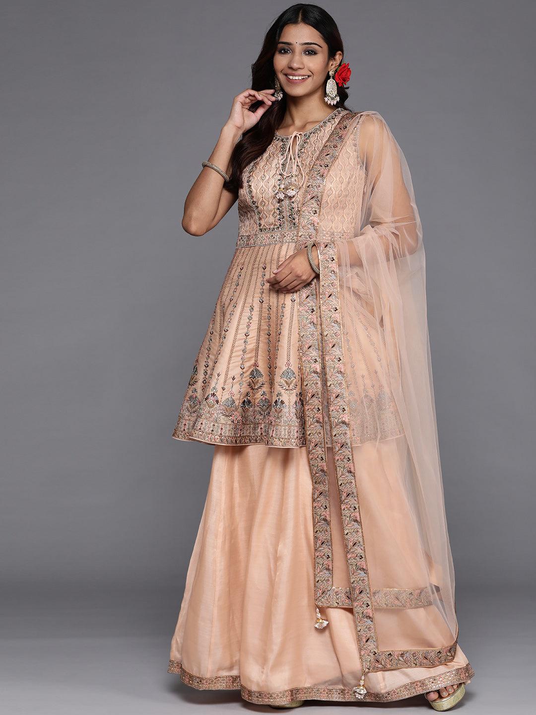 Libas Art Peach Embroidered Silk Anarkali Kurti With Palazzos & Dupatta