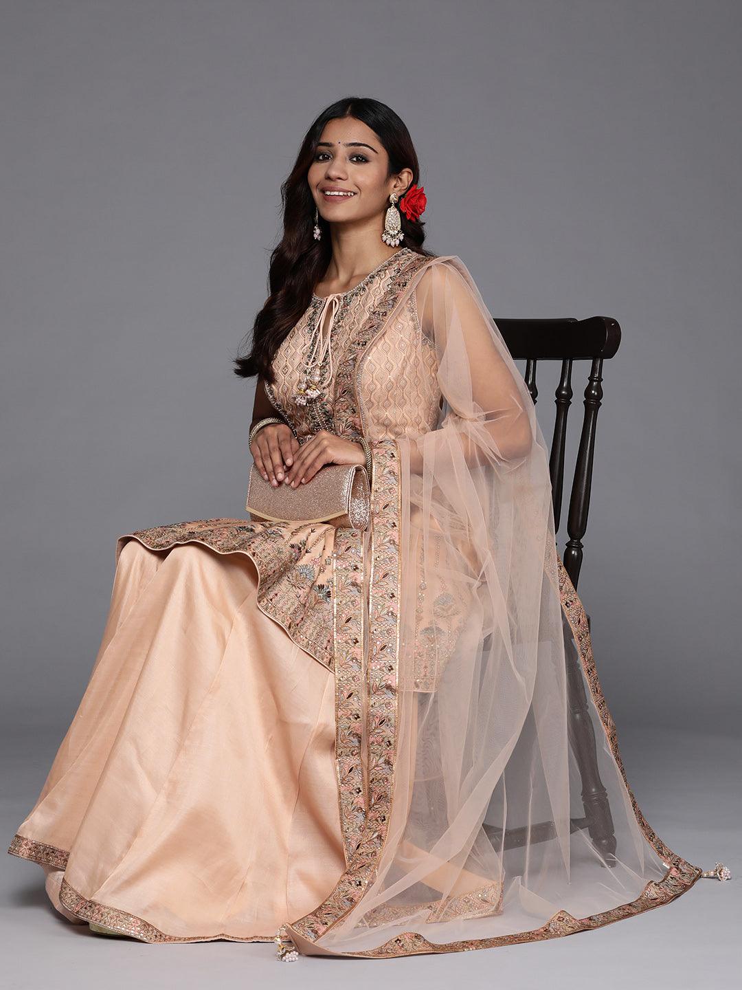 Libas Art Peach Embroidered Silk Anarkali Kurti With Palazzos & Dupatta