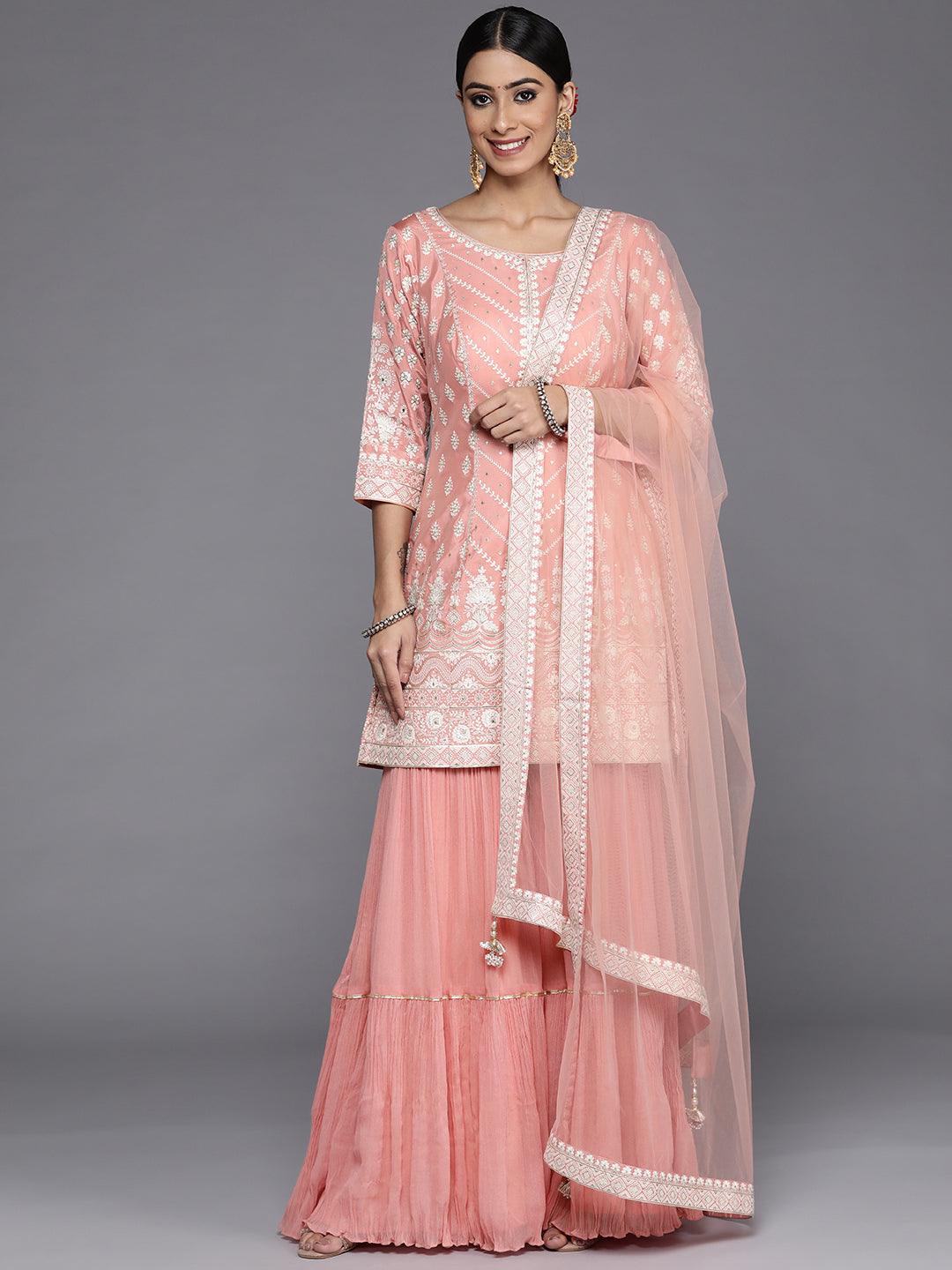 Libas Art Peach Embroidered Silk Straight Kurti With Palazzos & Dupatta