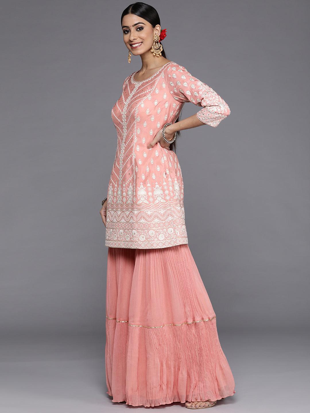 Libas Art Peach Embroidered Silk Straight Kurti With Palazzos & Dupatta